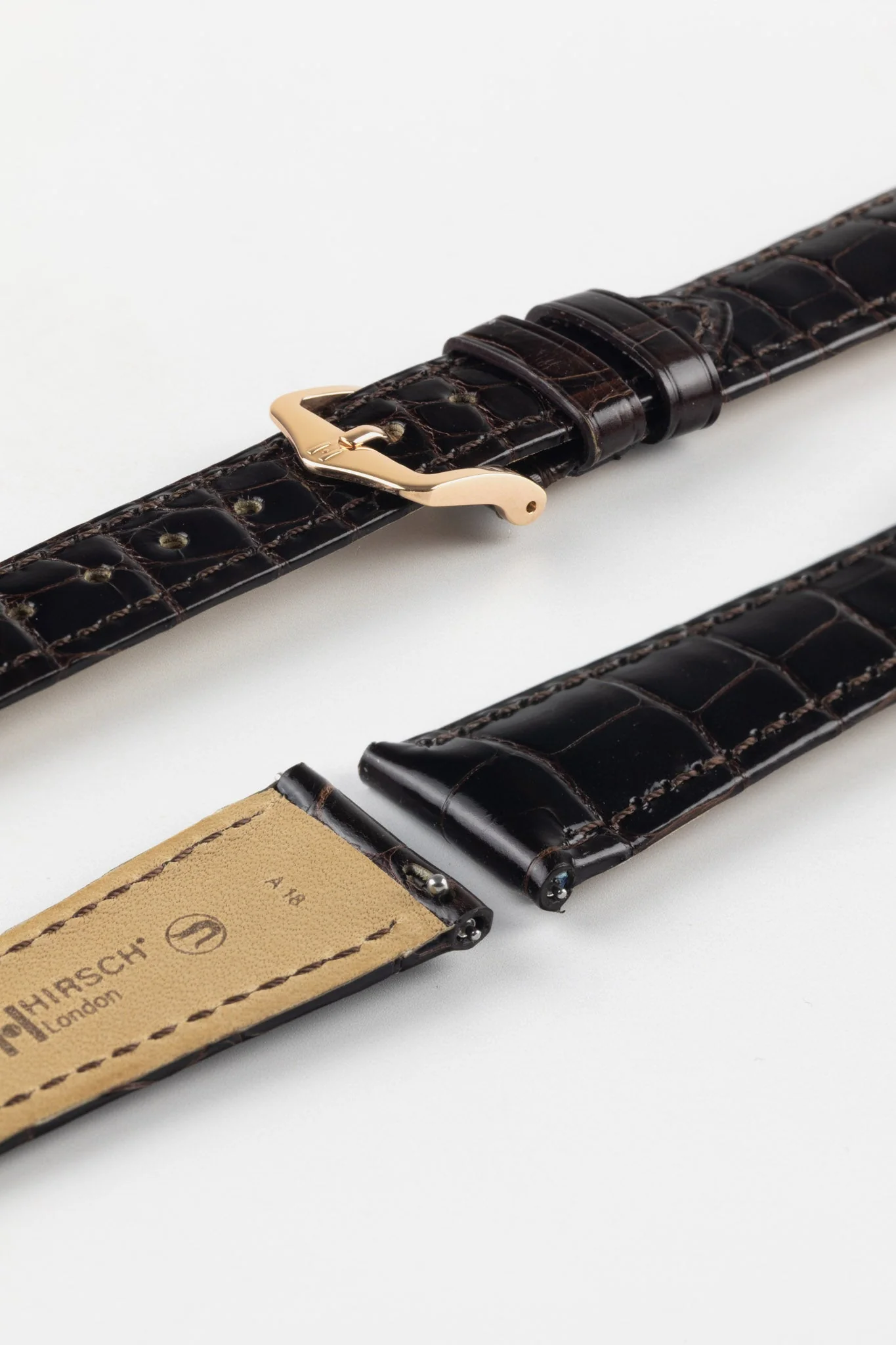 Hirsch LONDON Shiny Alligator Leather Watch Strap in BROWN - Image 8