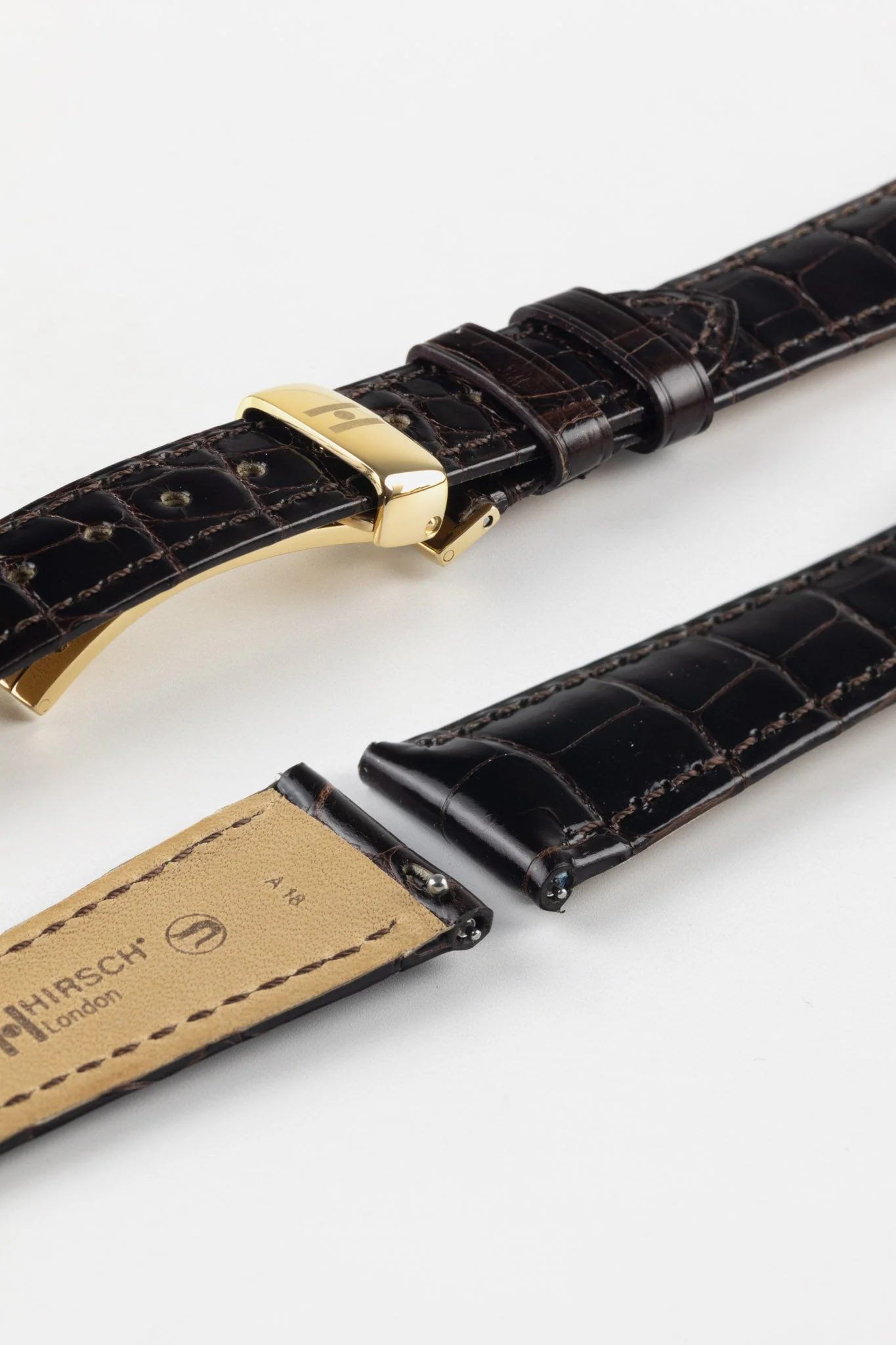 Hirsch LONDON Shiny Alligator Leather Watch Strap in BROWN - Image 9