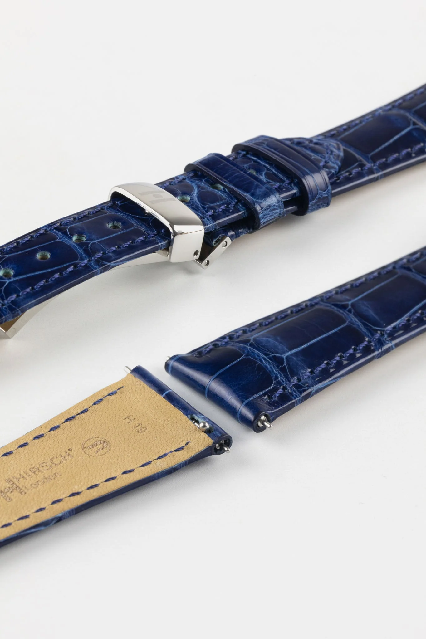 Hirsch LONDON Shiny Alligator Leather Watch Strap in BLUE - Image 10
