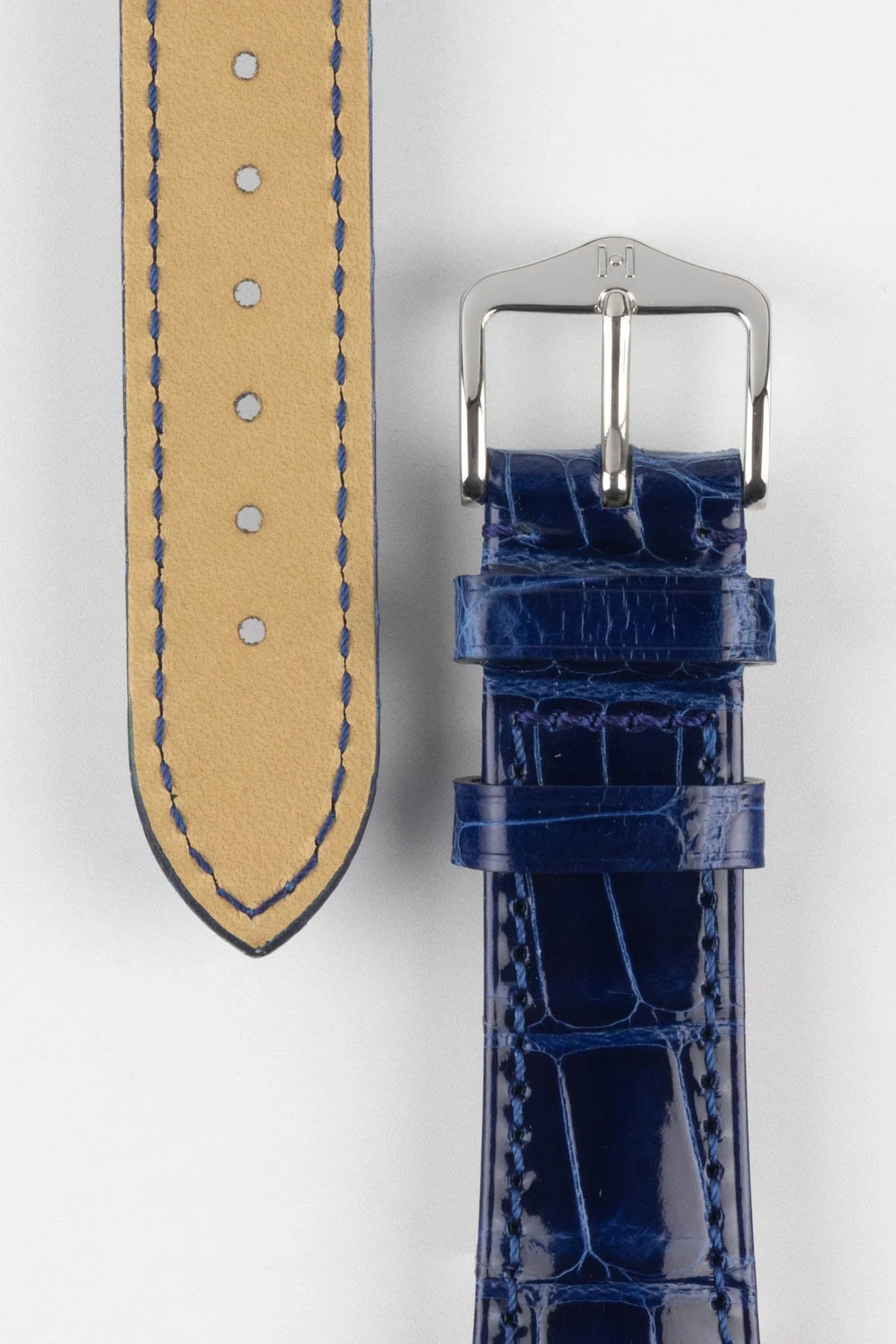 Hirsch LONDON Shiny Alligator Leather Watch Strap in BLUE - Image 3