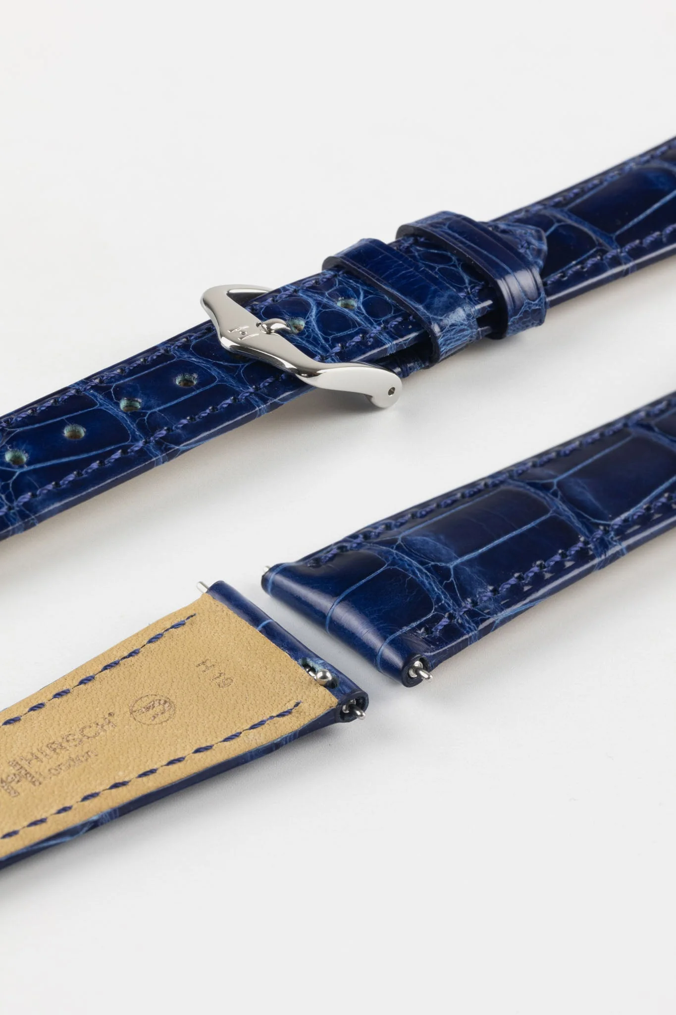 Hirsch LONDON Shiny Alligator Leather Watch Strap in BLUE - Image 7