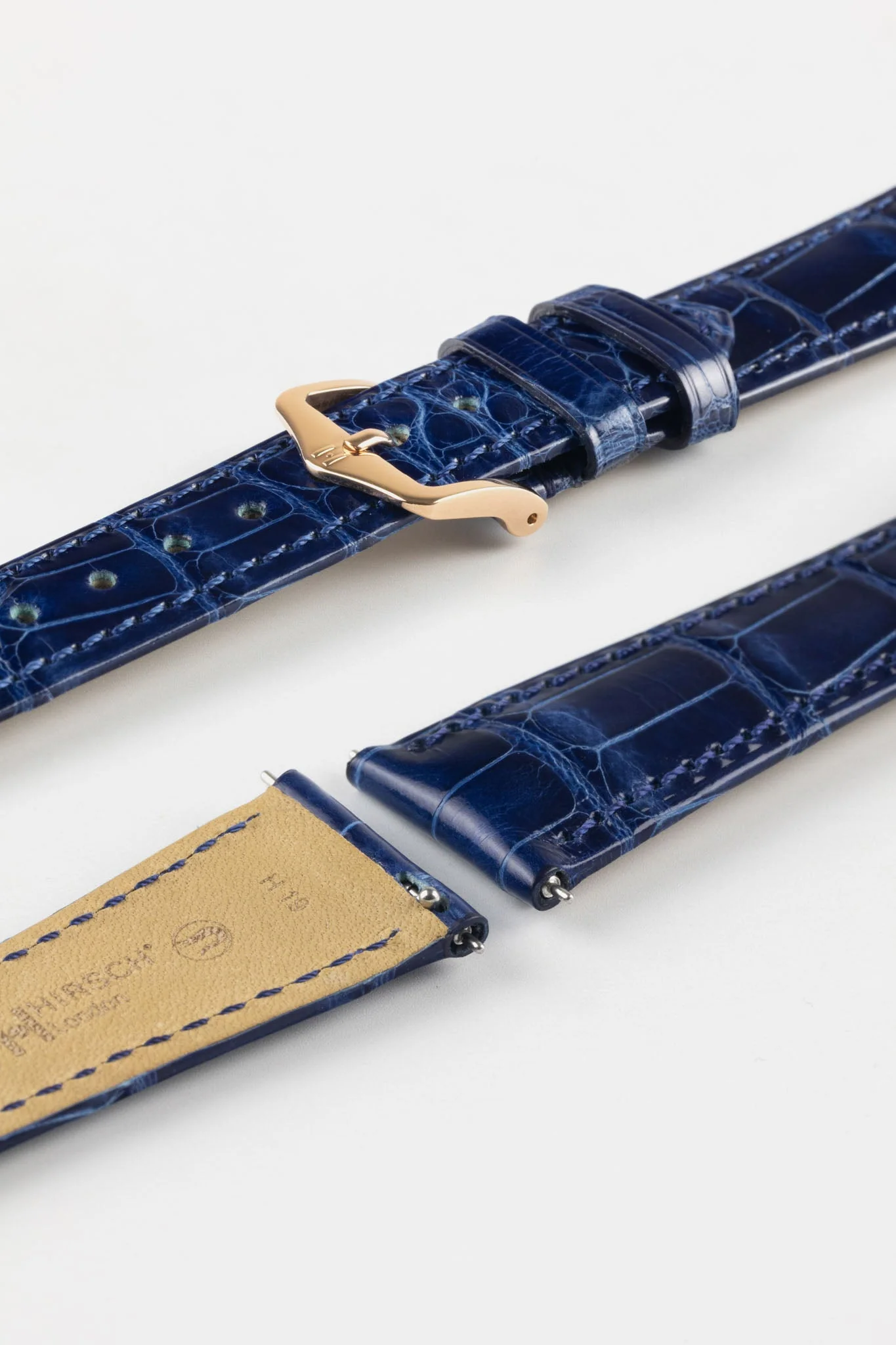 Hirsch LONDON Shiny Alligator Leather Watch Strap in BLUE - Image 8