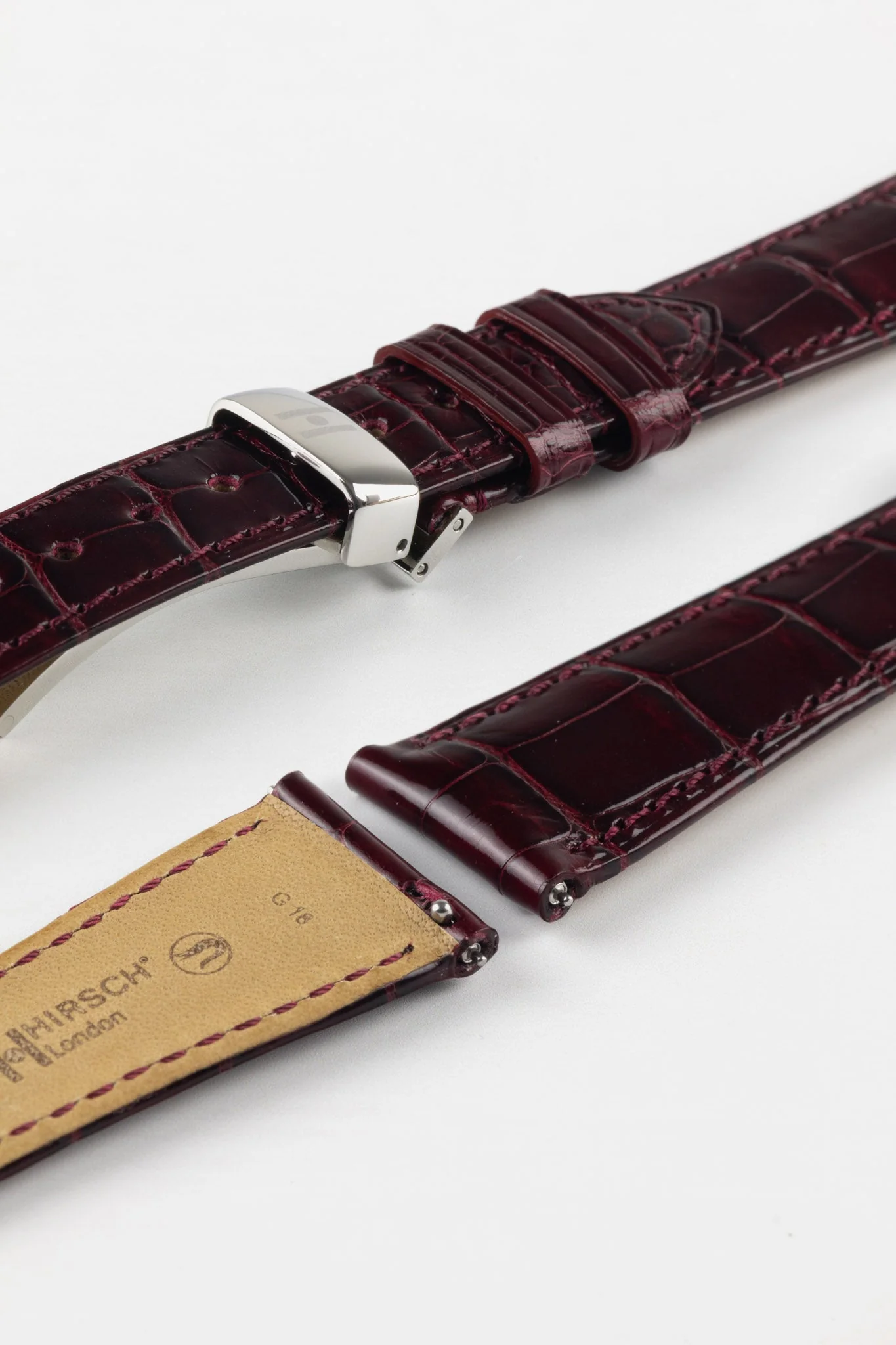 Hirsch LONDON Shiny Alligator Leather Watch Strap in BURGUNDY - Image 10
