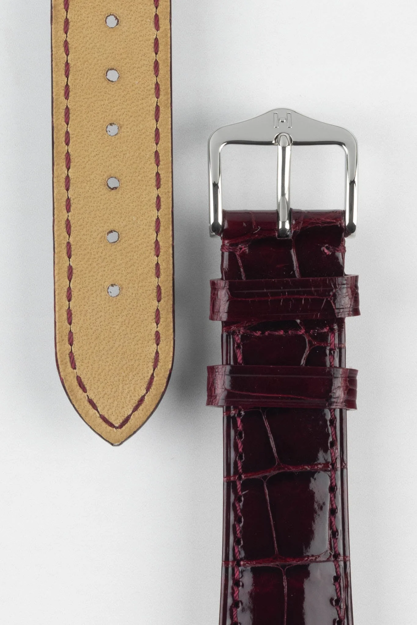 Hirsch LONDON Shiny Alligator Leather Watch Strap in BURGUNDY - Image 3