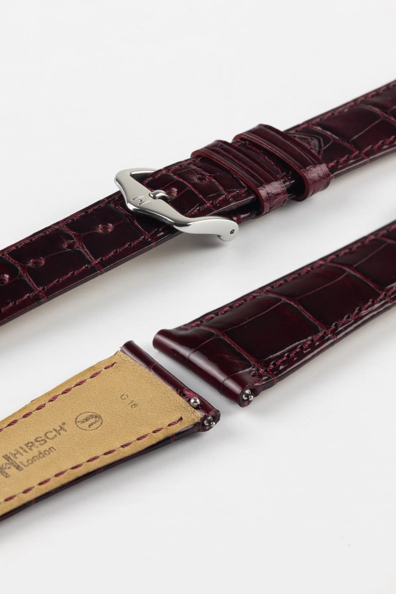 Hirsch LONDON Shiny Alligator Leather Watch Strap in BURGUNDY - Image 7