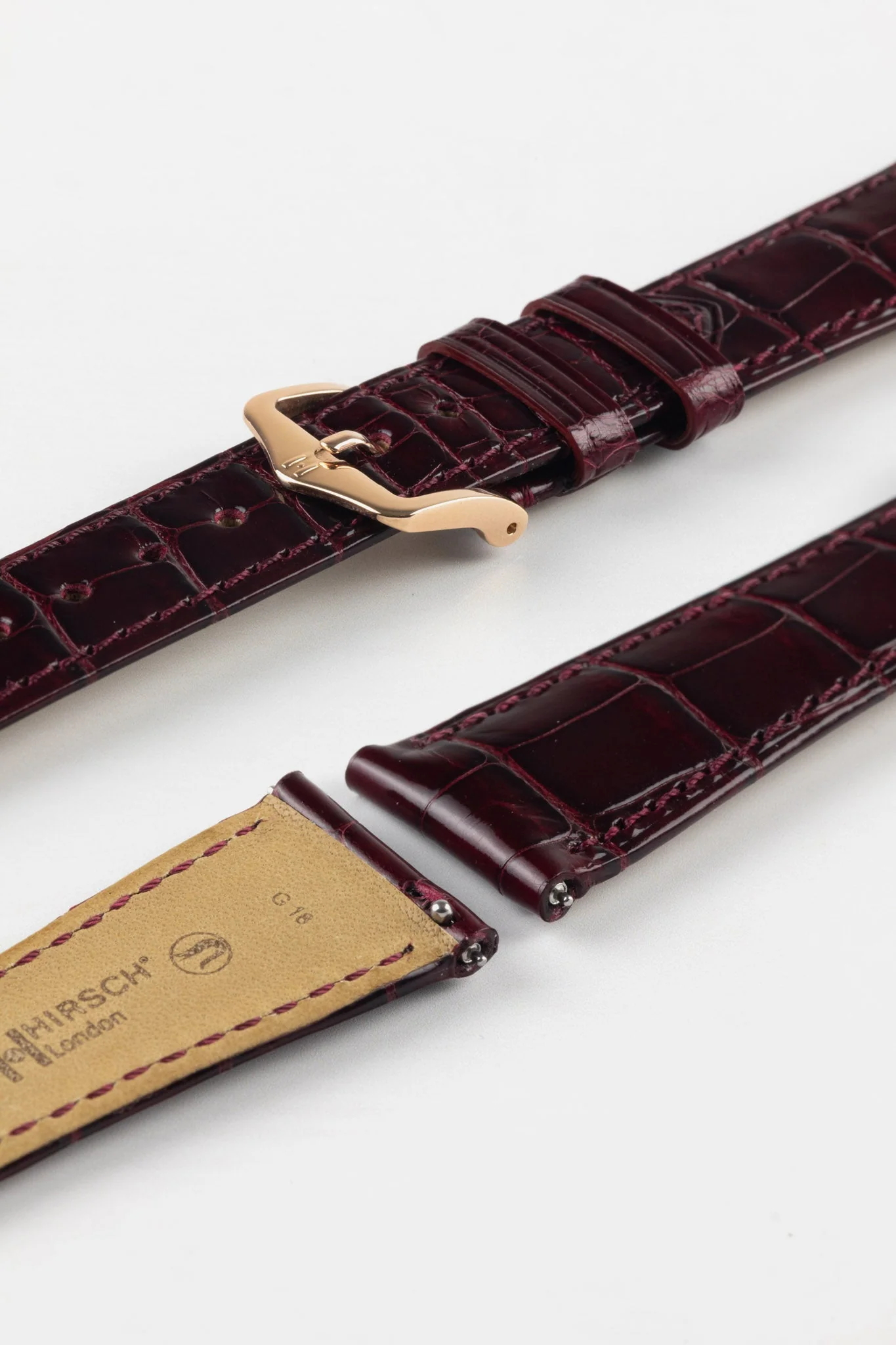Hirsch LONDON Shiny Alligator Leather Watch Strap in BURGUNDY - Image 8