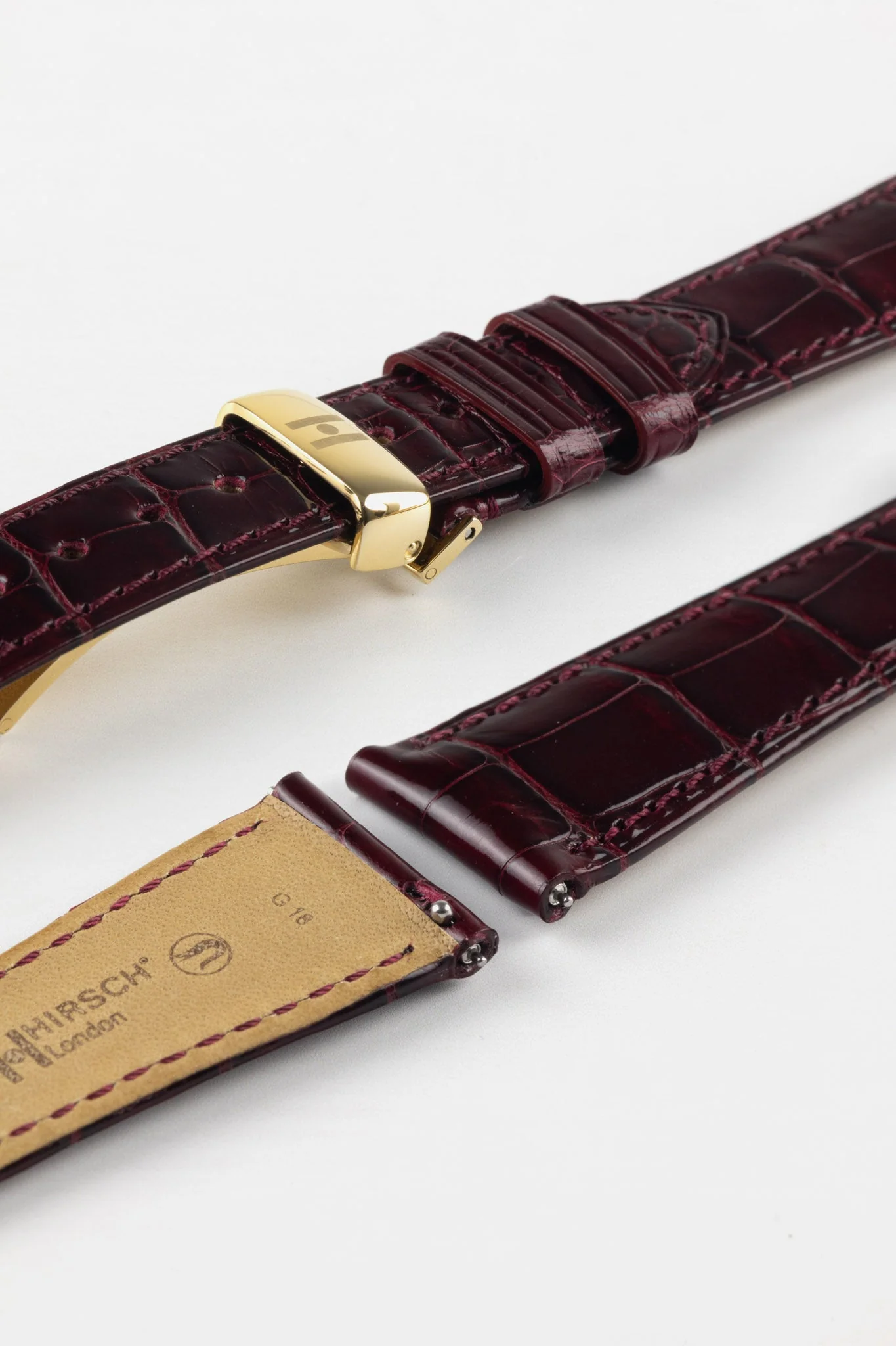 Hirsch LONDON Shiny Alligator Leather Watch Strap in BURGUNDY - Image 9