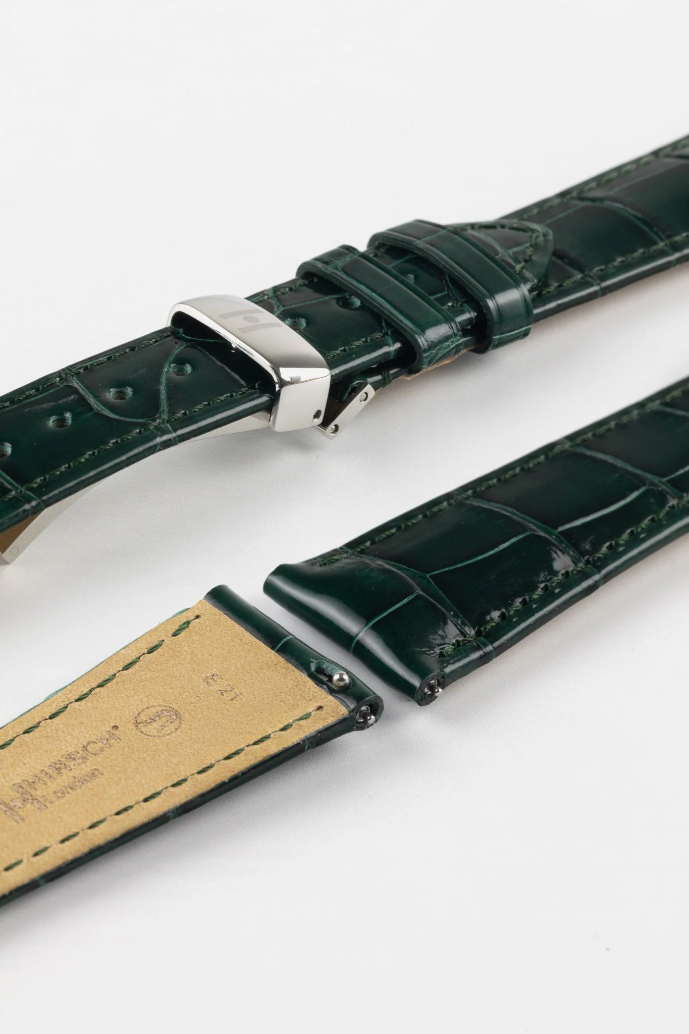 Hirsch LONDON Shiny Alligator Leather Watch Strap in DARK GREEN - Image 10