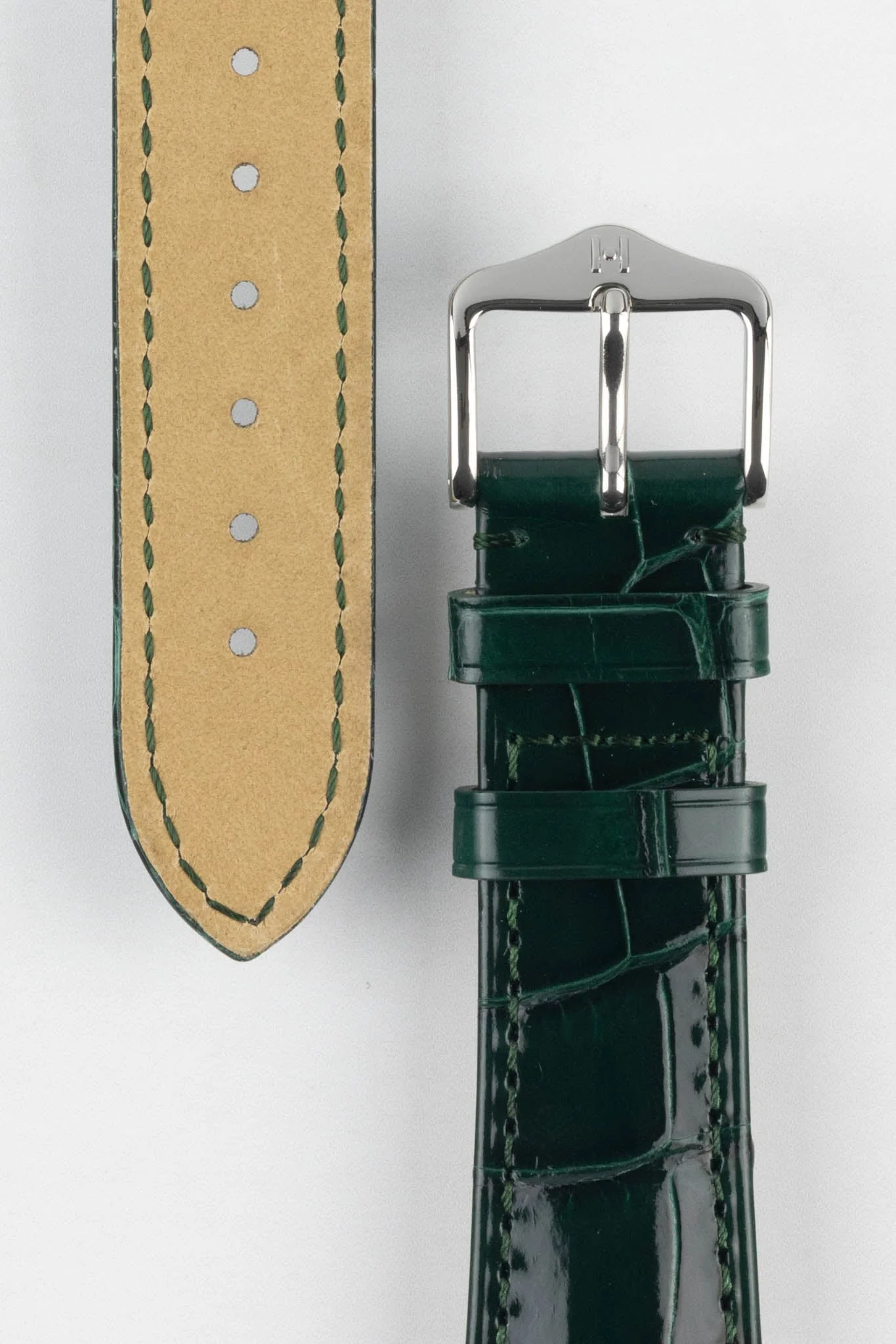 Hirsch LONDON Shiny Alligator Leather Watch Strap in DARK GREEN - Image 3