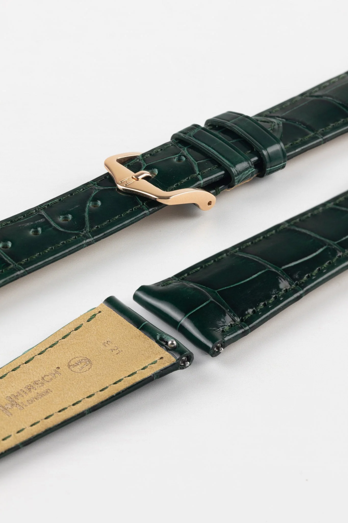 Hirsch LONDON Shiny Alligator Leather Watch Strap in DARK GREEN - Image 8