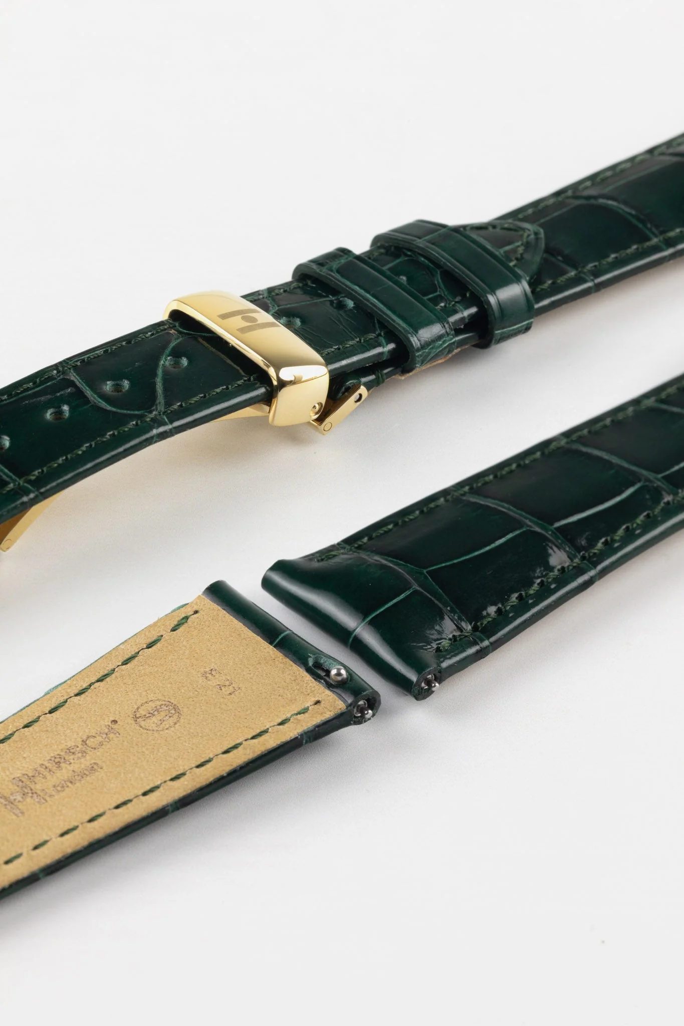 Hirsch LONDON Shiny Alligator Leather Watch Strap in DARK GREEN - Image 9