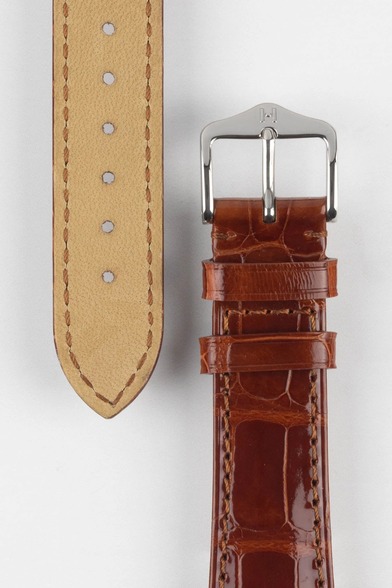 Hirsch LONDON Shiny Alligator Leather Watch Strap in GOLD BROWN - Image 3
