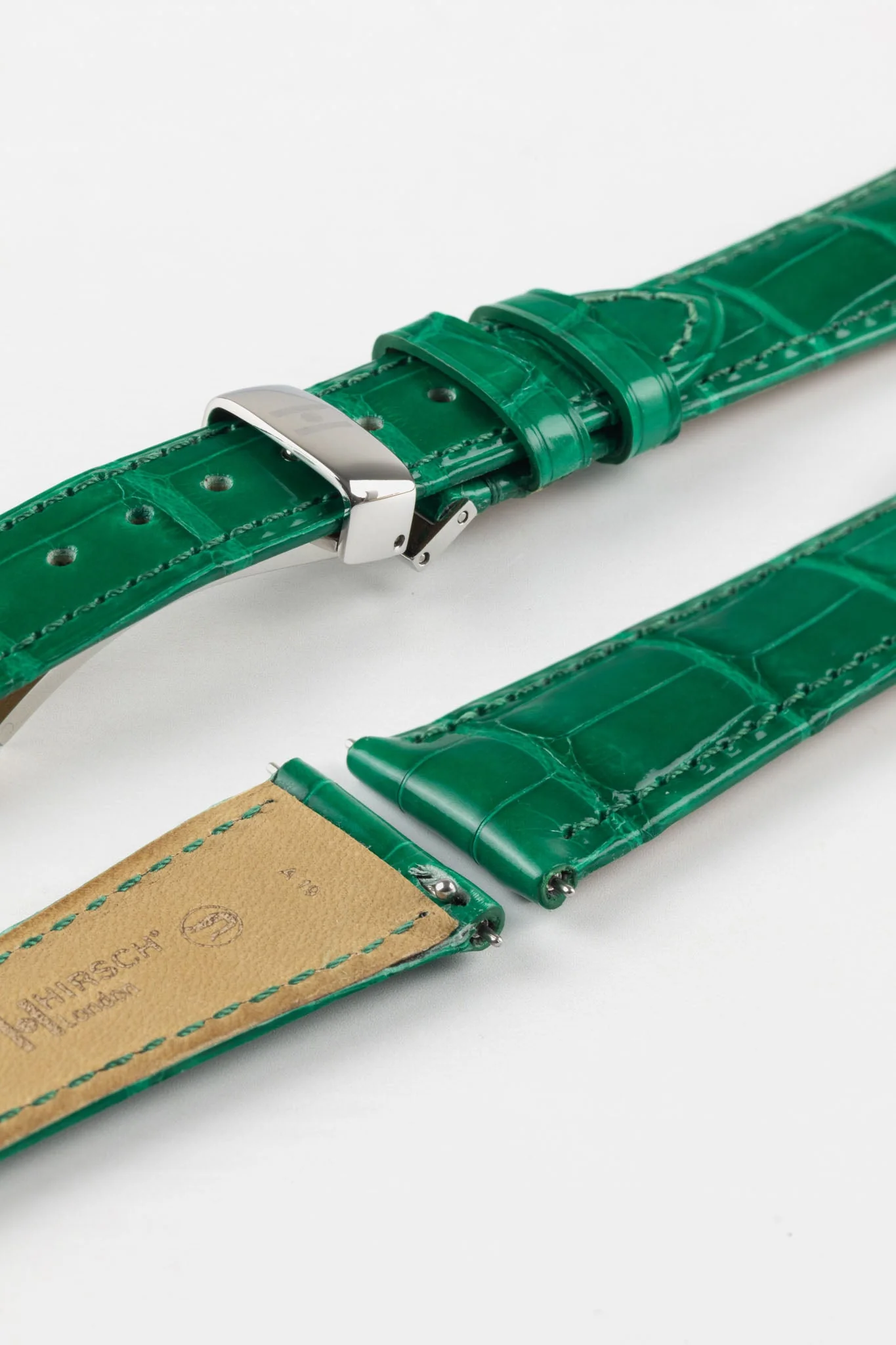 Hirsch LONDON Shiny Alligator Leather Watch Strap in GREEN - Image 10