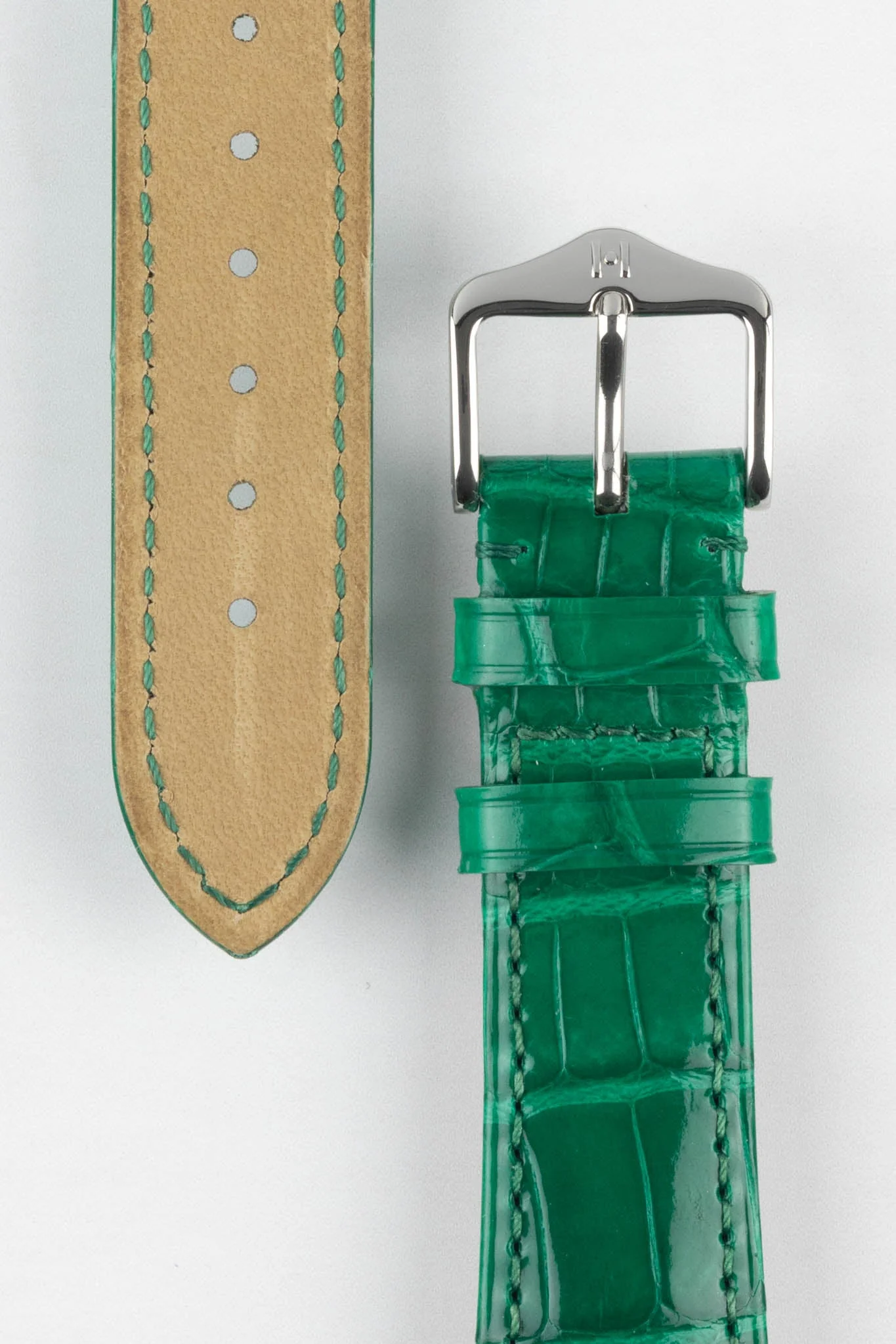 Hirsch LONDON Shiny Alligator Leather Watch Strap in GREEN - Image 3
