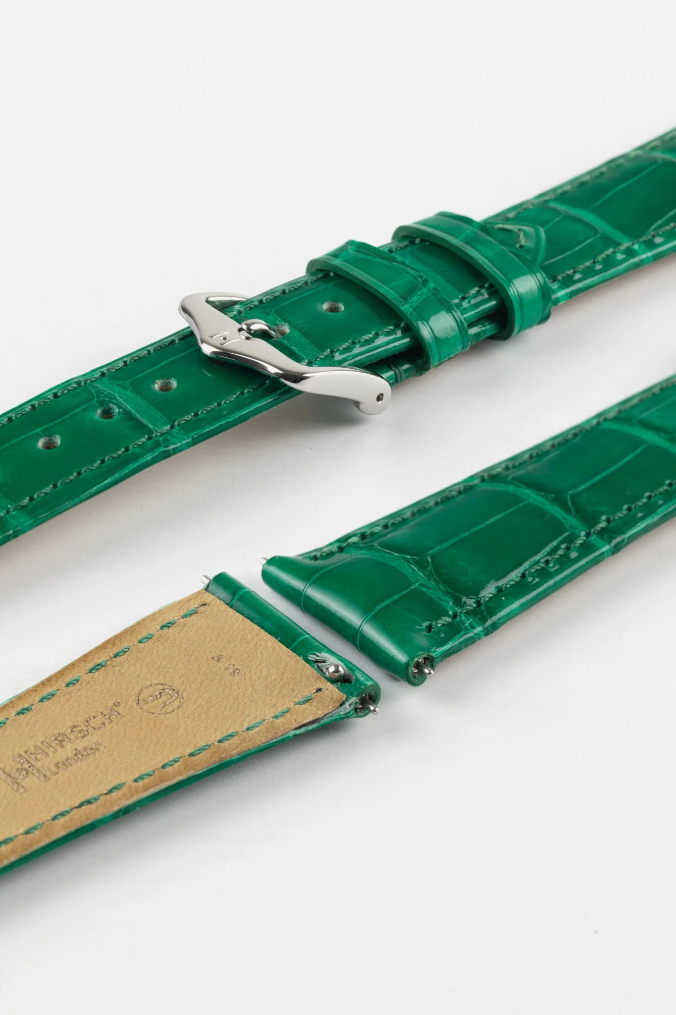 Hirsch LONDON Shiny Alligator Leather Watch Strap in GREEN - Image 7