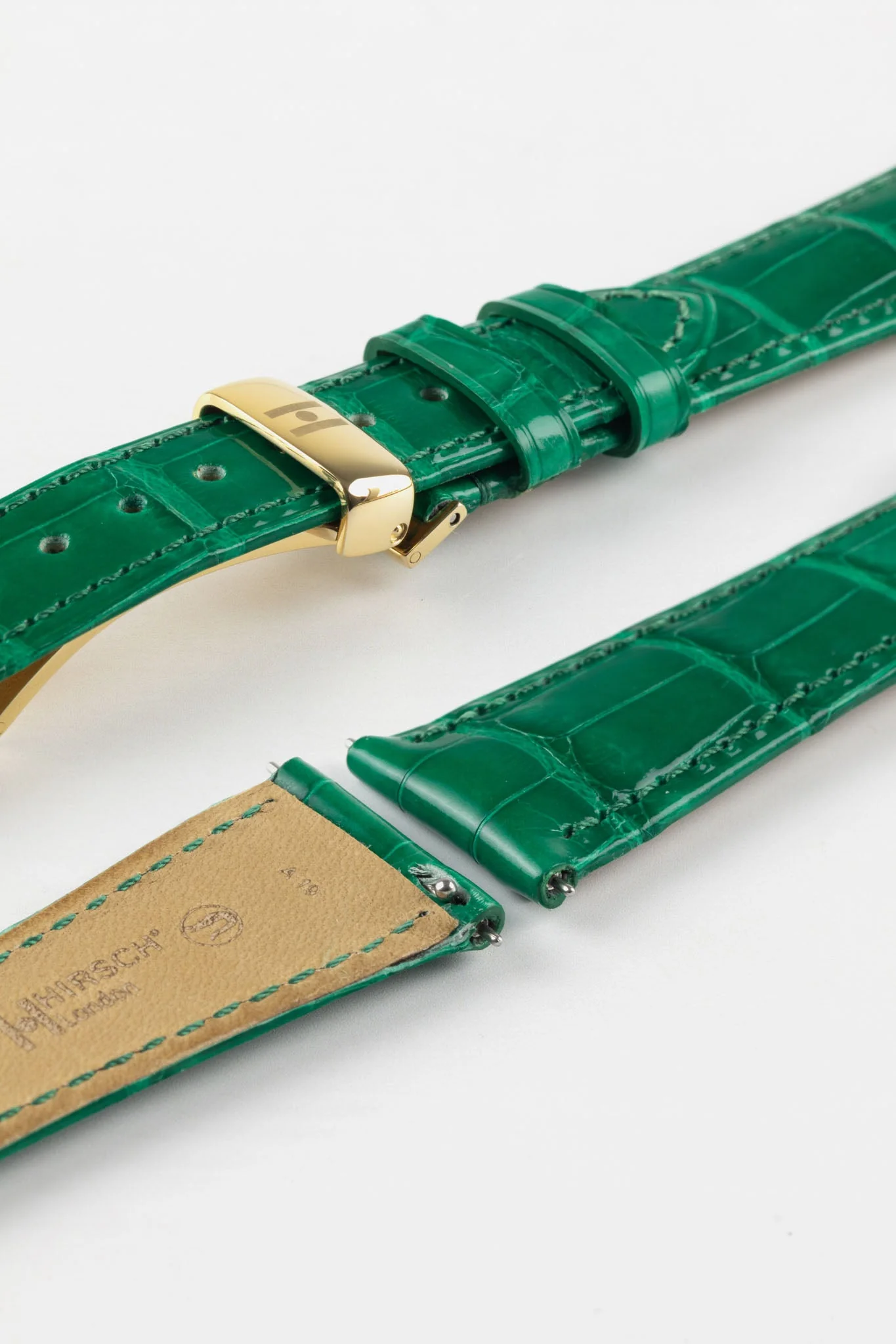 Hirsch LONDON Shiny Alligator Leather Watch Strap in GREEN - Image 9