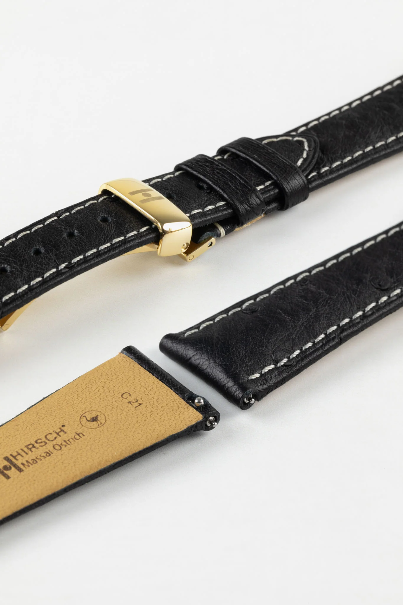 Hirsch MASSAI OSTRICH Leather Watch Strap in BLACK with WHITE Stitching - Image 11