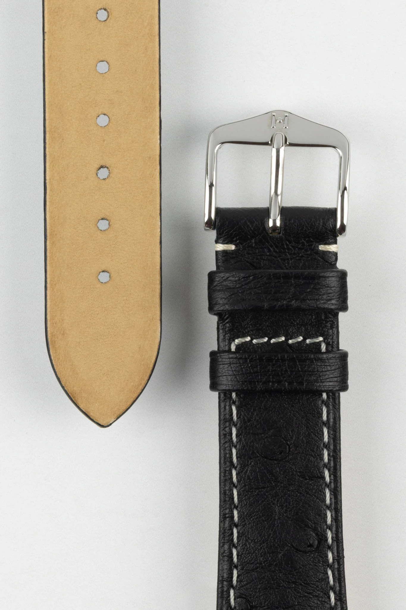 Hirsch MASSAI OSTRICH Leather Watch Strap in BLACK with WHITE Stitching - Image 3