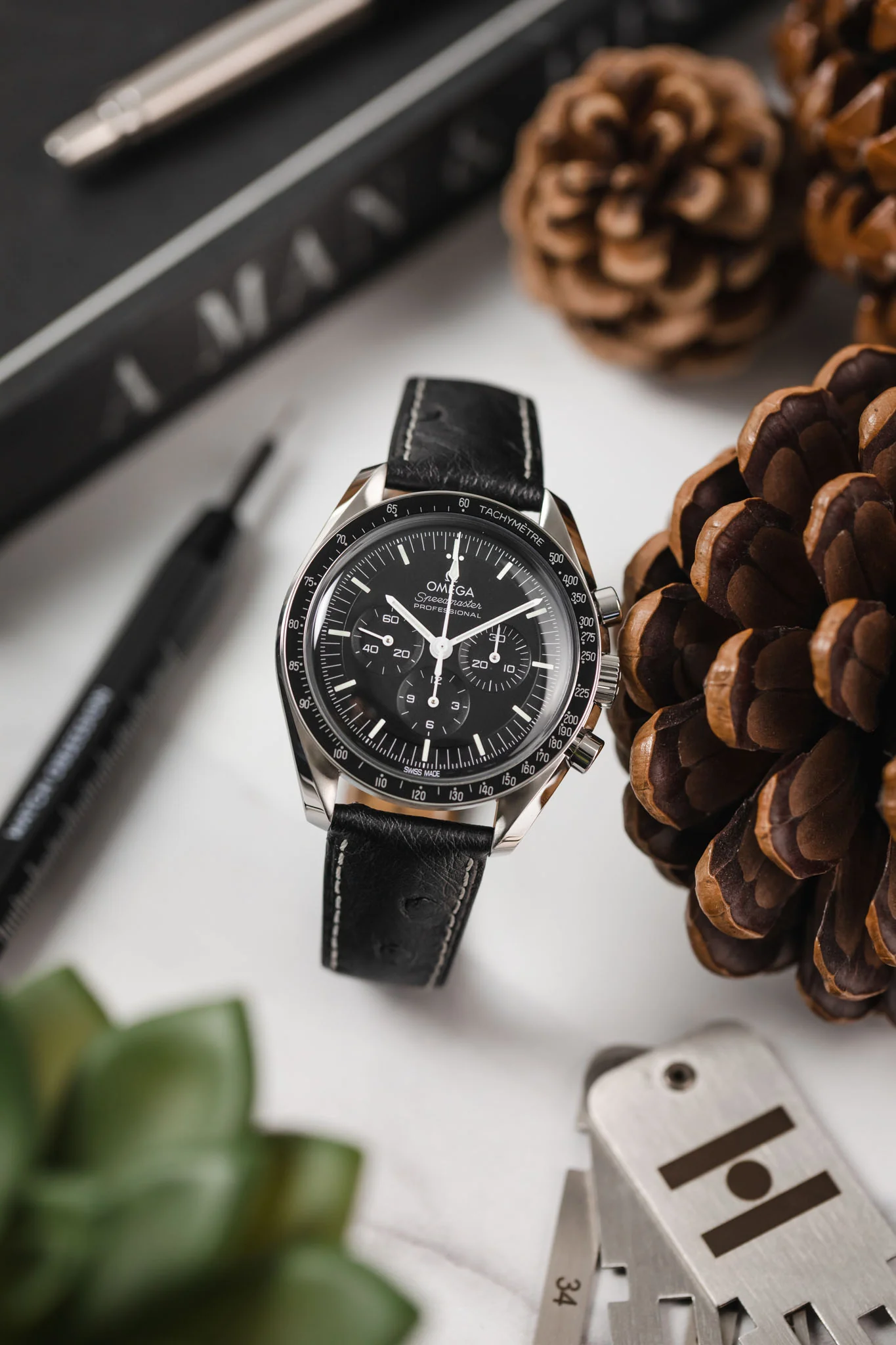 Hirsch MASSAI OSTRICH Leather Watch Strap in BLACK with WHITE Stitching - Image 4