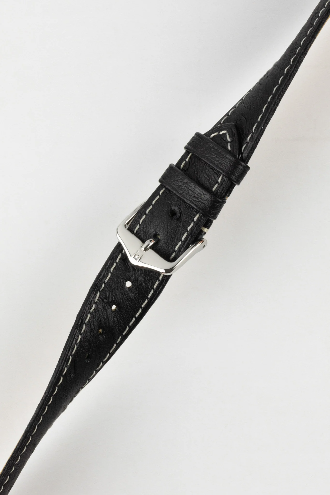 Hirsch MASSAI OSTRICH Leather Watch Strap in BLACK with WHITE Stitching - Image 5