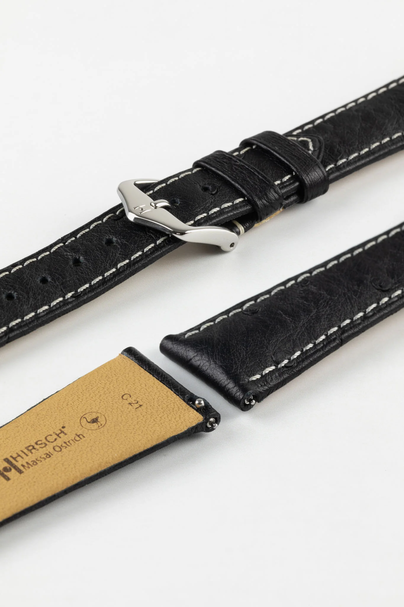 Hirsch MASSAI OSTRICH Leather Watch Strap in BLACK with WHITE Stitching - Image 7