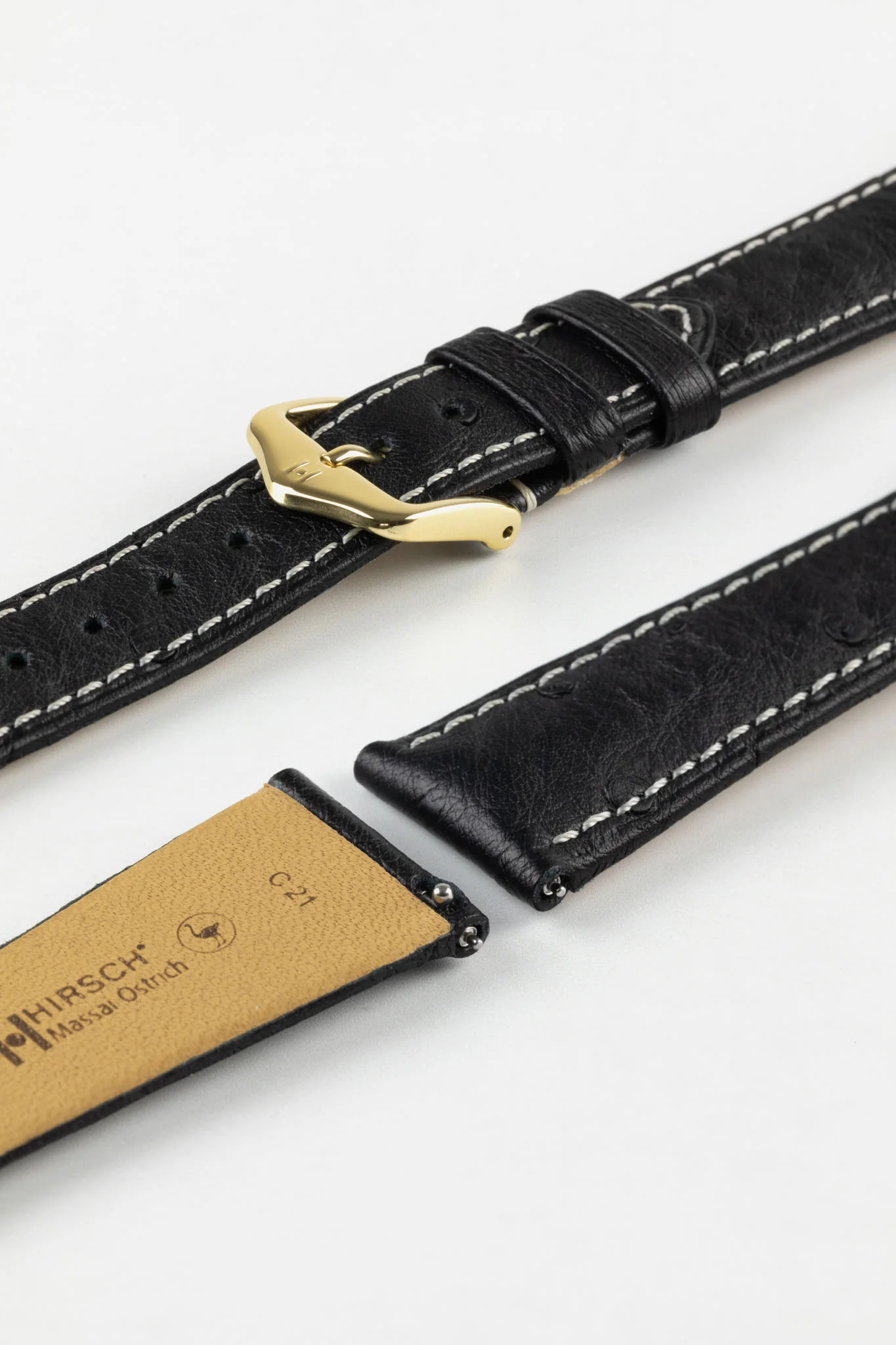 Hirsch MASSAI OSTRICH Leather Watch Strap in BLACK with WHITE Stitching - Image 8