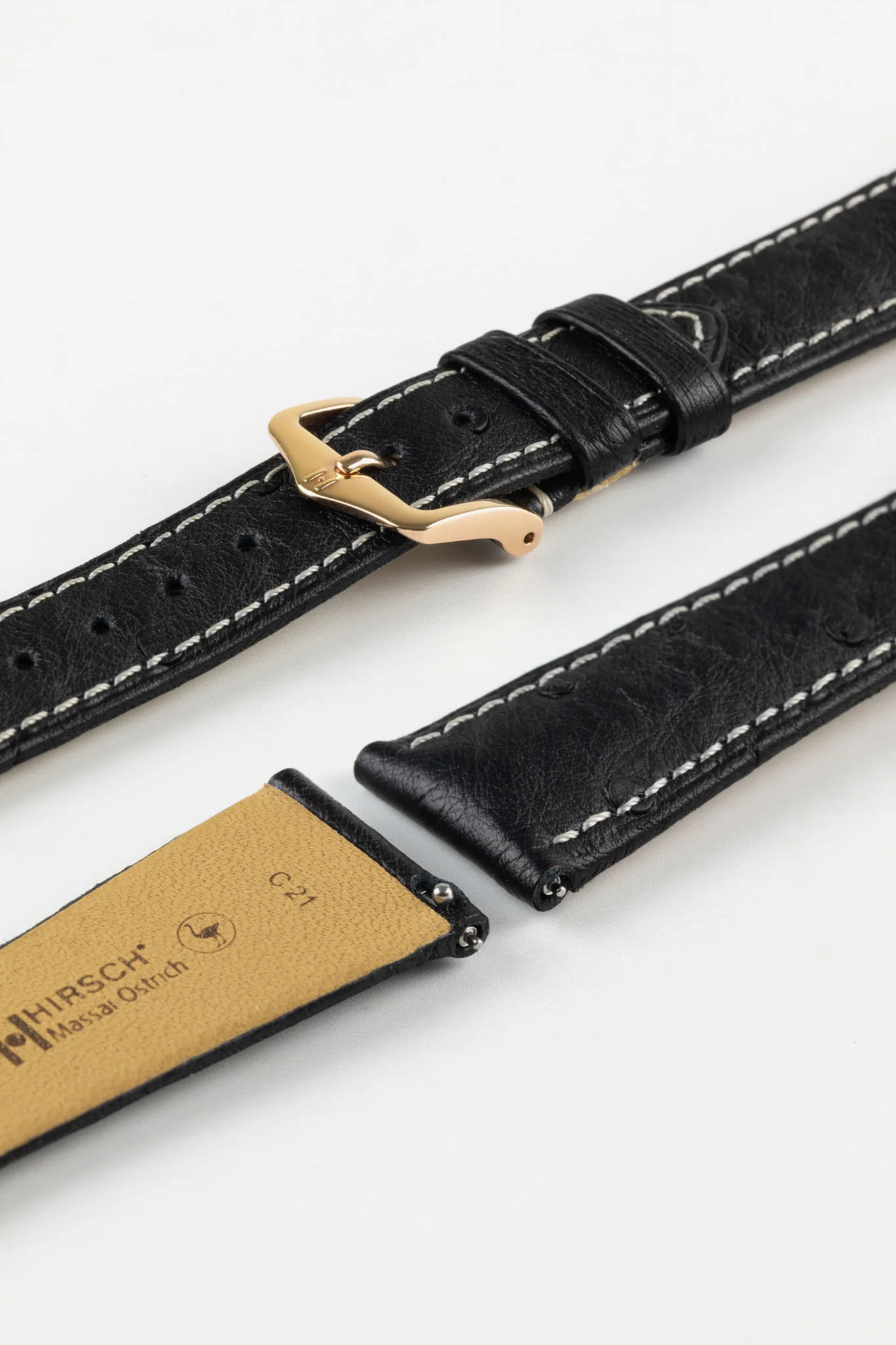 Hirsch MASSAI OSTRICH Leather Watch Strap in BLACK with WHITE Stitching - Image 9