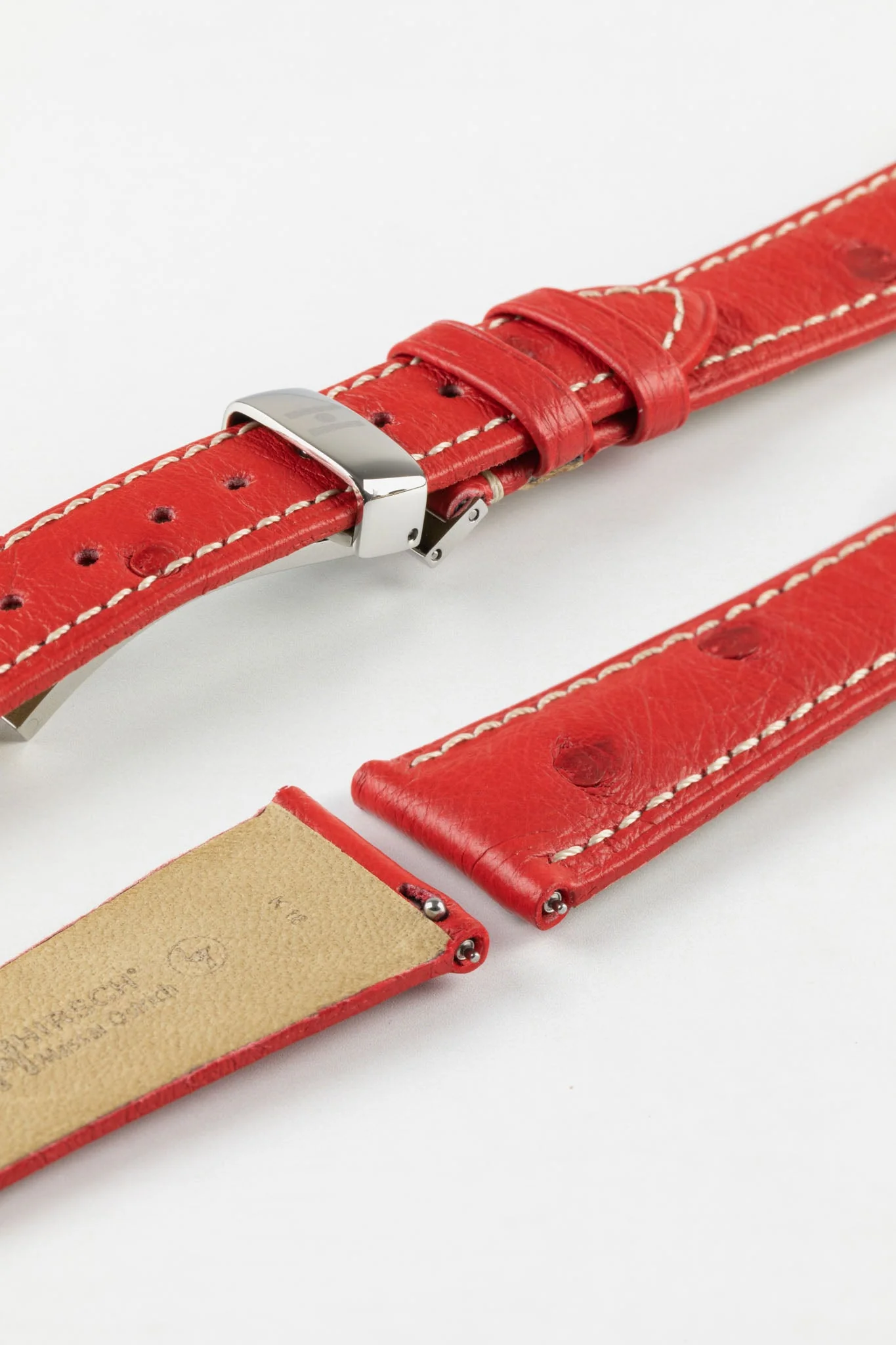 Hirsch MASSAI OSTRICH Leather Watch Strap in RED With WHITE Stitching - Image 10