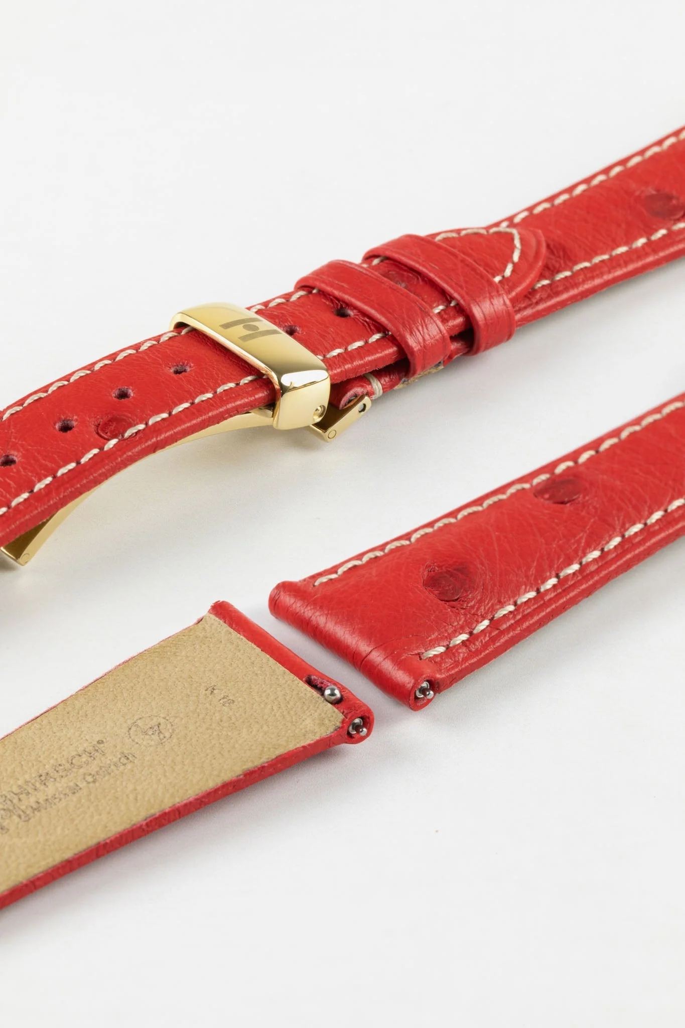 Hirsch MASSAI OSTRICH Leather Watch Strap in RED With WHITE Stitching - Image 11