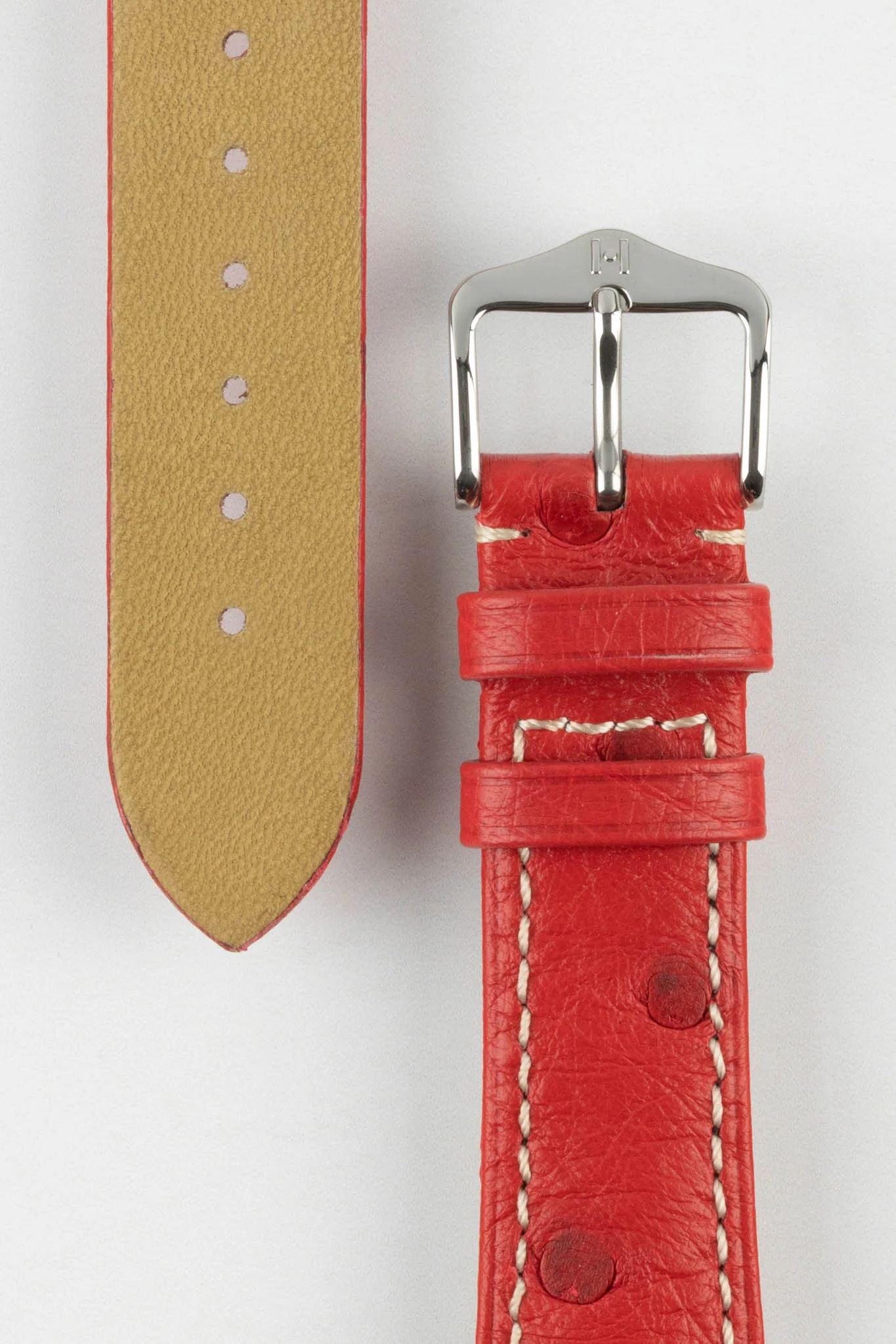 Hirsch MASSAI OSTRICH Leather Watch Strap in RED With WHITE Stitching - Image 3