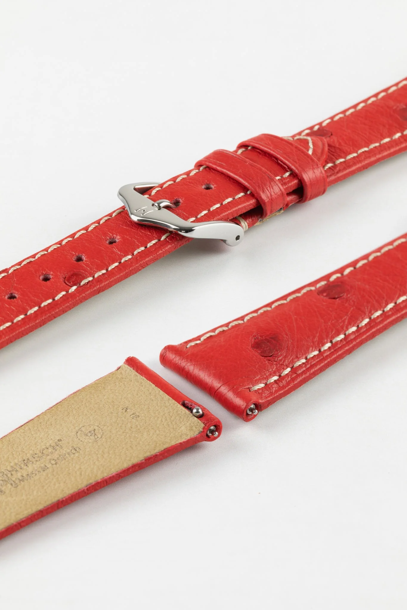 Hirsch MASSAI OSTRICH Leather Watch Strap in RED With WHITE Stitching - Image 7