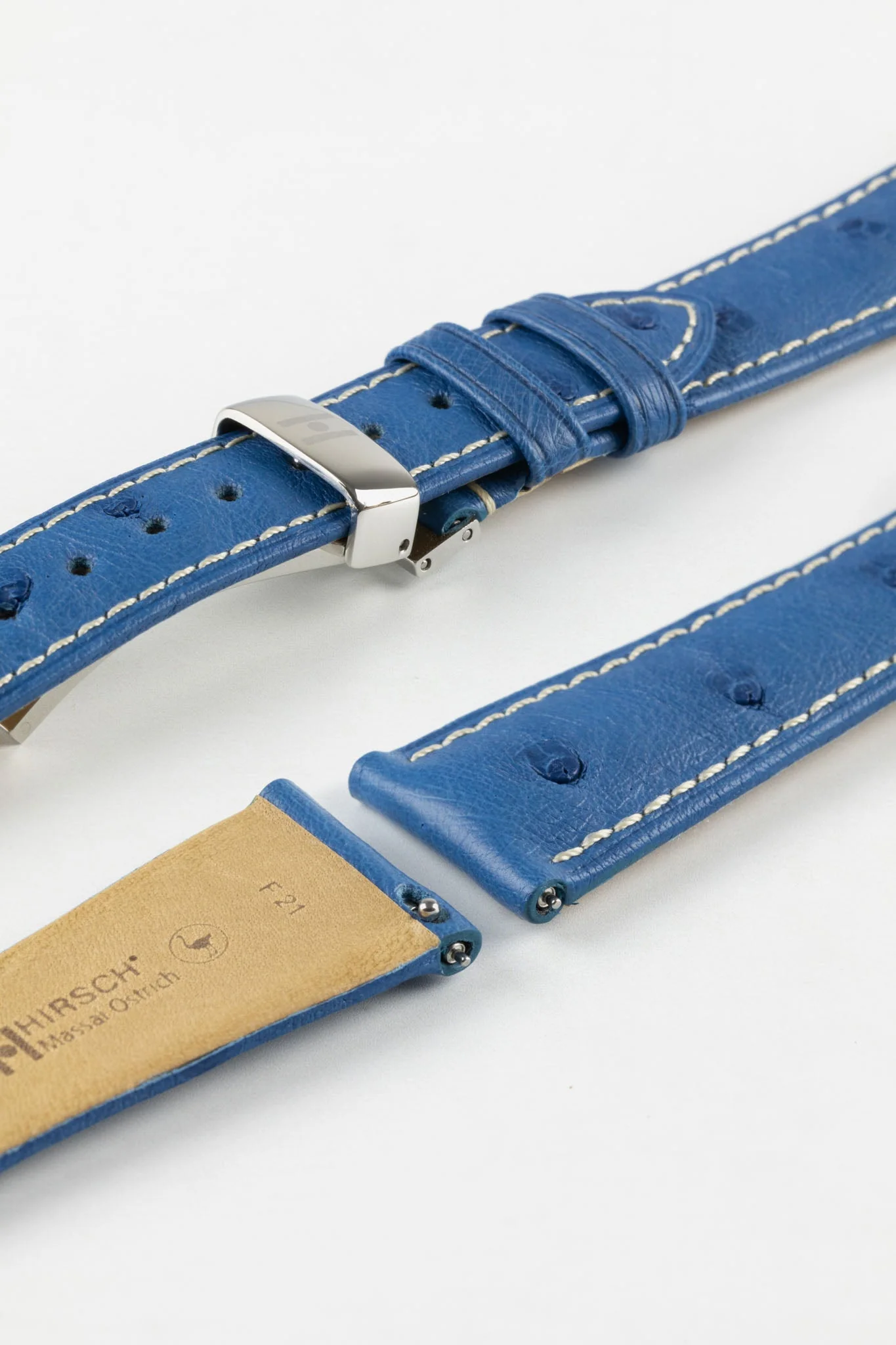 Hirsch MASSAI OSTRICH Leather Watch Strap in ROYAL BLUE With WHITE Stitching - Image 10