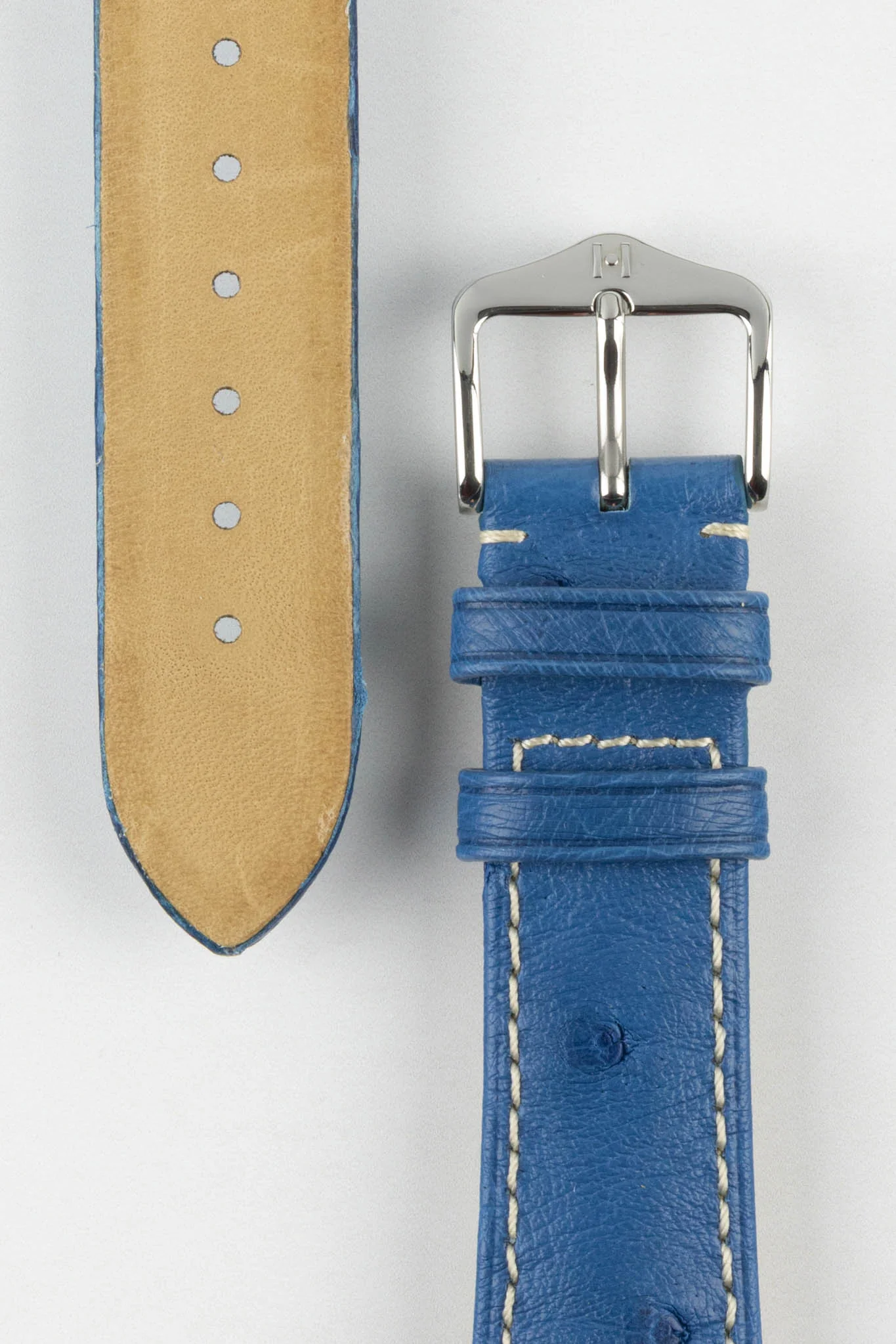 Hirsch MASSAI OSTRICH Leather Watch Strap in ROYAL BLUE With WHITE Stitching - Image 3