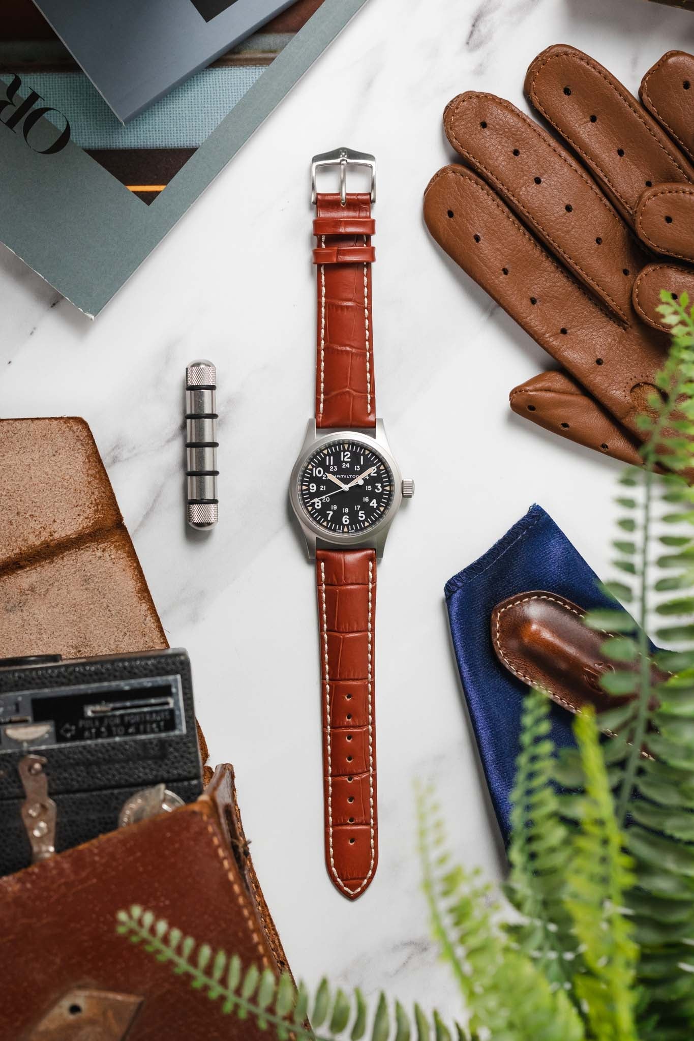 Hirsch MODENA Alligator Embossed Leather Watch Strap in GOLD BROWN - Image 6