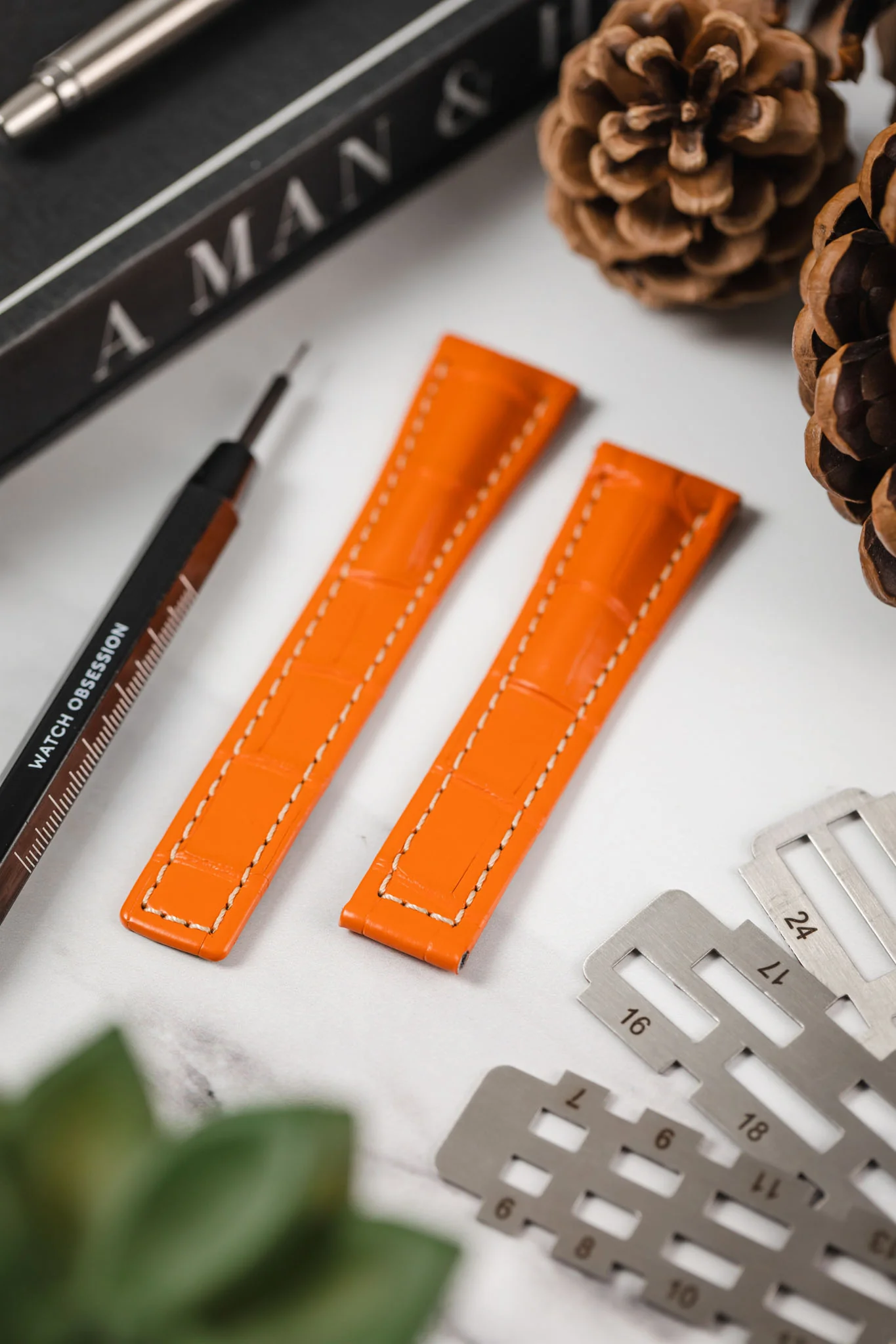 Hirsch NAVIGATOR Alligator Deployment Orange Leather Watch Strap - Image 2
