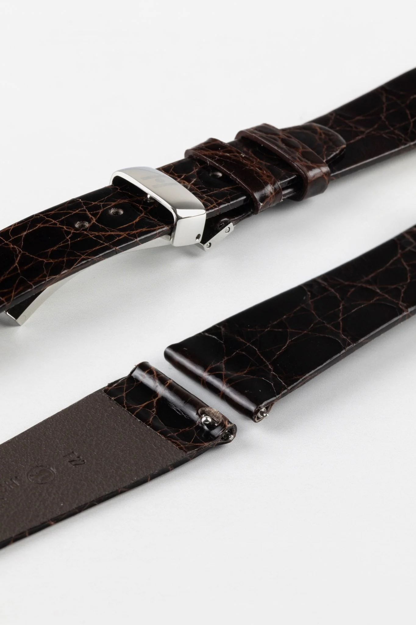 Hirsch PRESTIGE Shiny Genuine Crocodile Leather Watch Strap in BROWN - Image 10