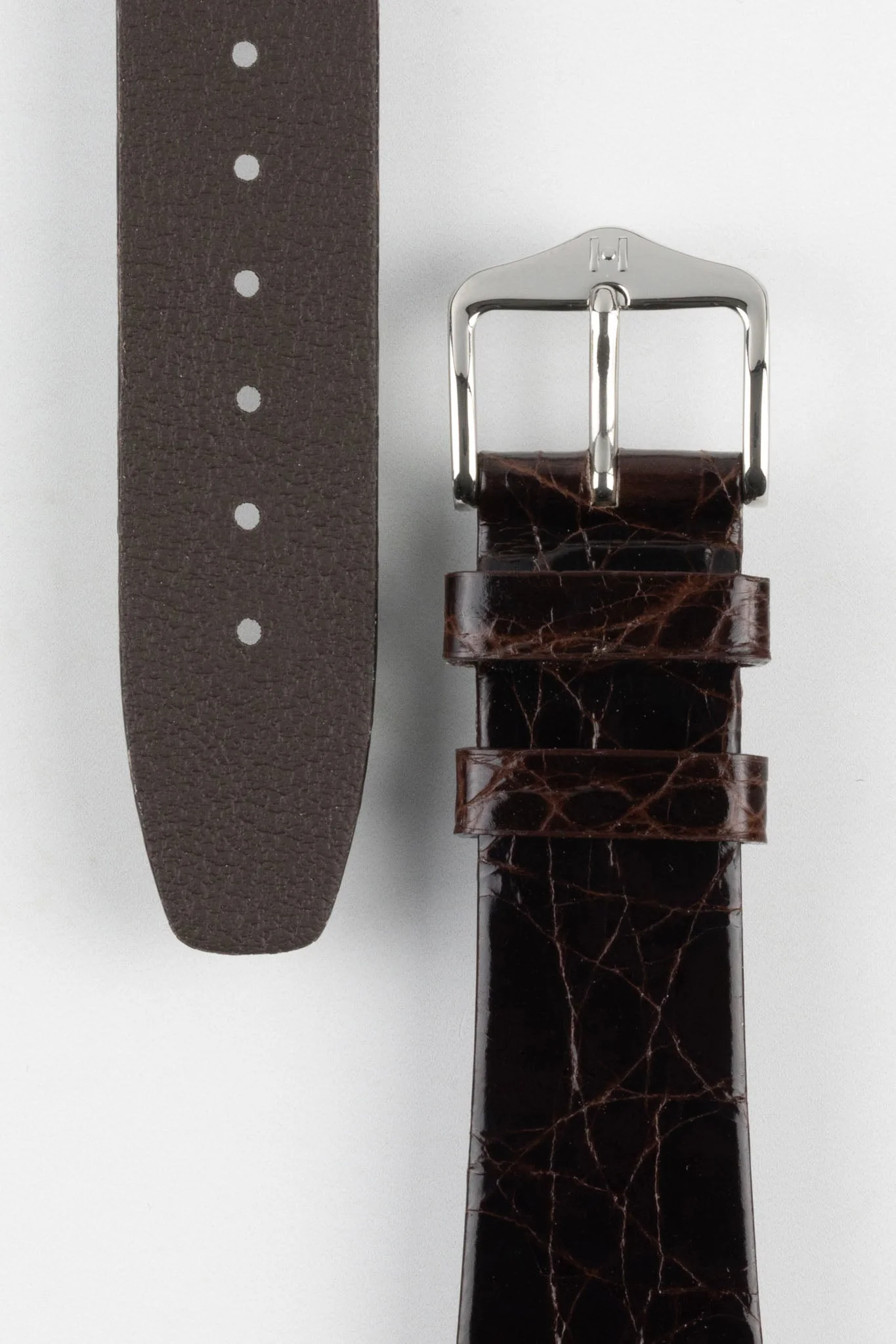 Hirsch PRESTIGE Shiny Genuine Crocodile Leather Watch Strap in BROWN - Image 3