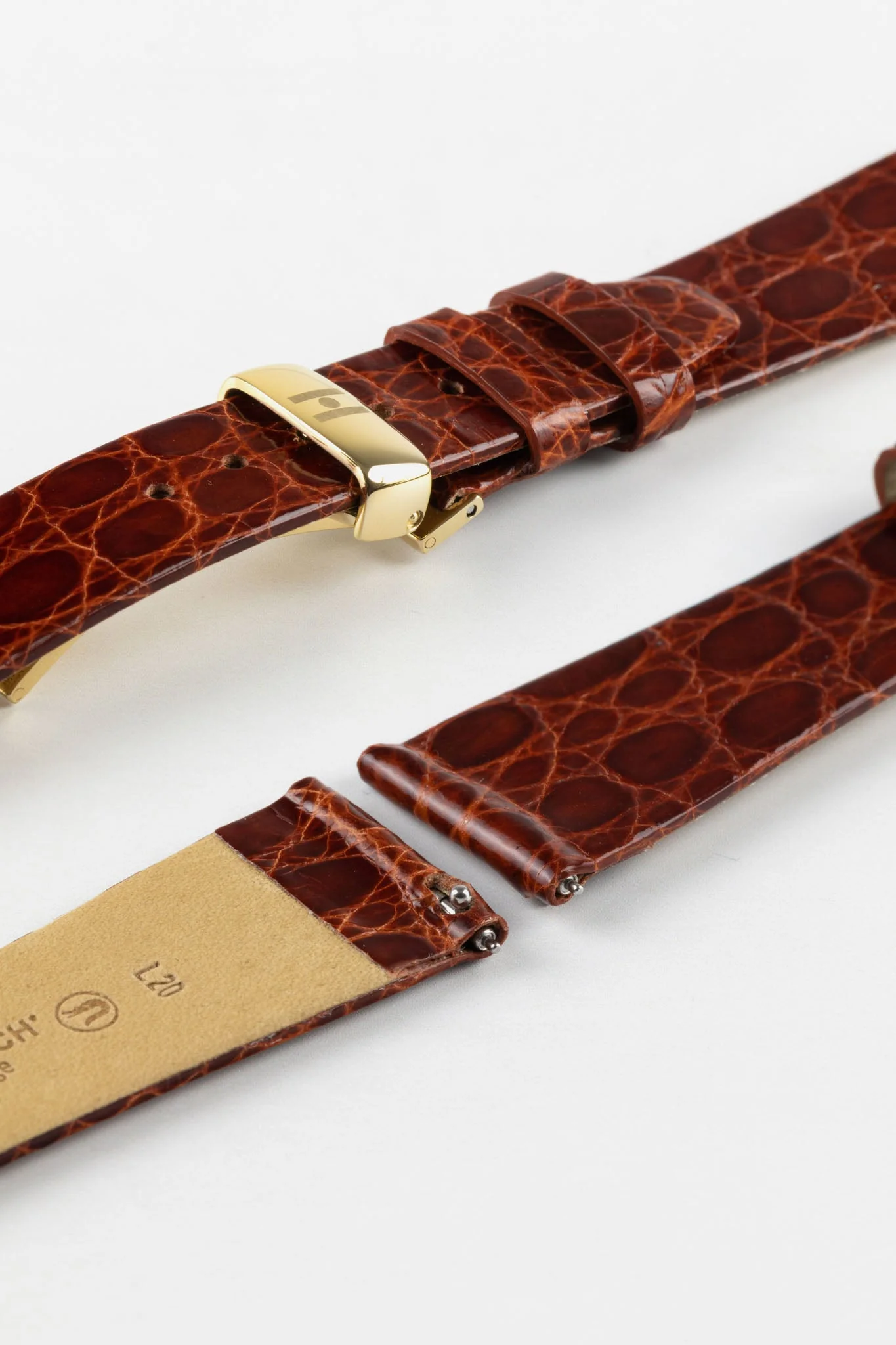 Hirsch PRESTIGE Shiny Genuine Crocodile Leather Watch Strap in GOLD BROWN - Image 11