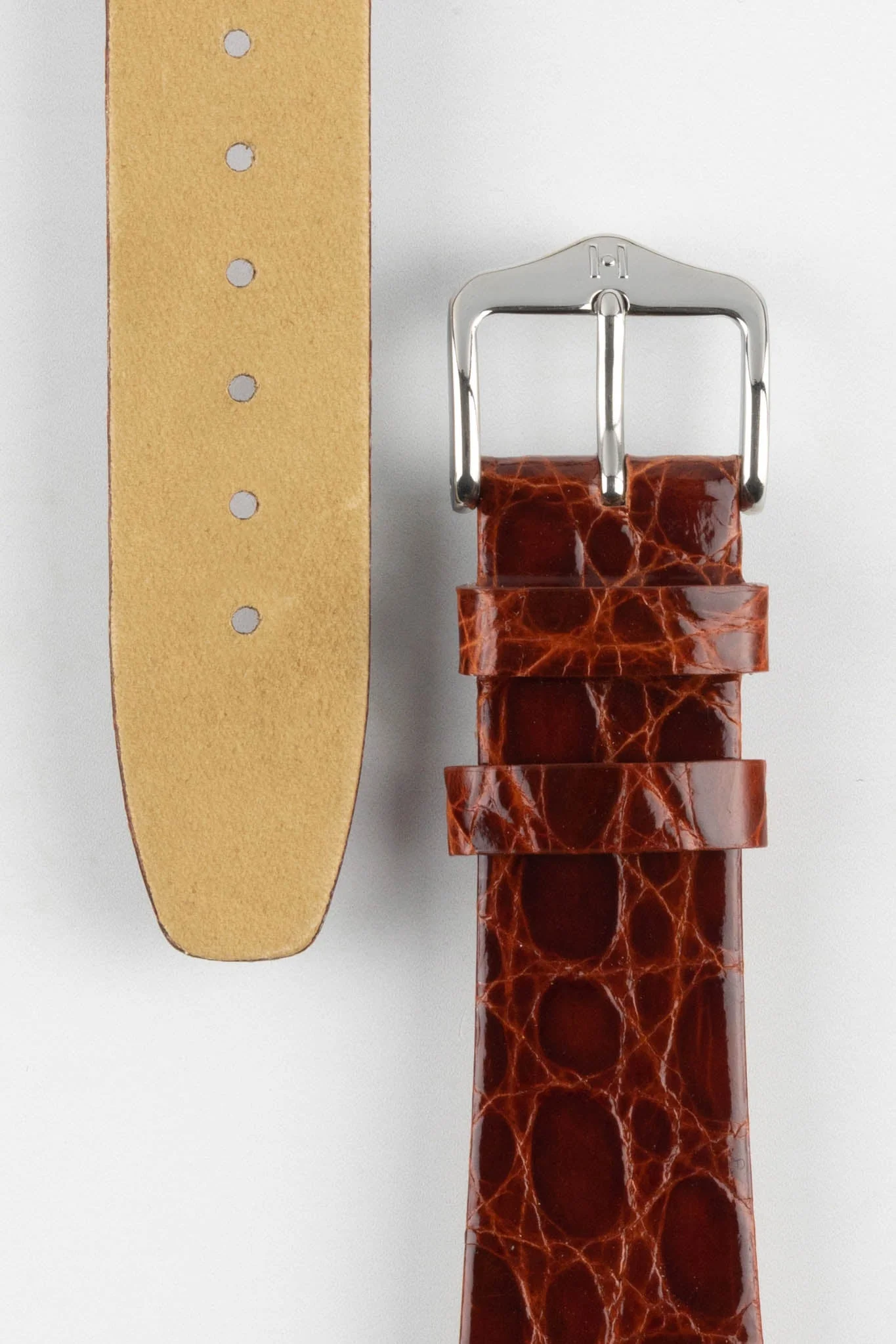 Hirsch PRESTIGE Shiny Genuine Crocodile Leather Watch Strap in GOLD BROWN - Image 3