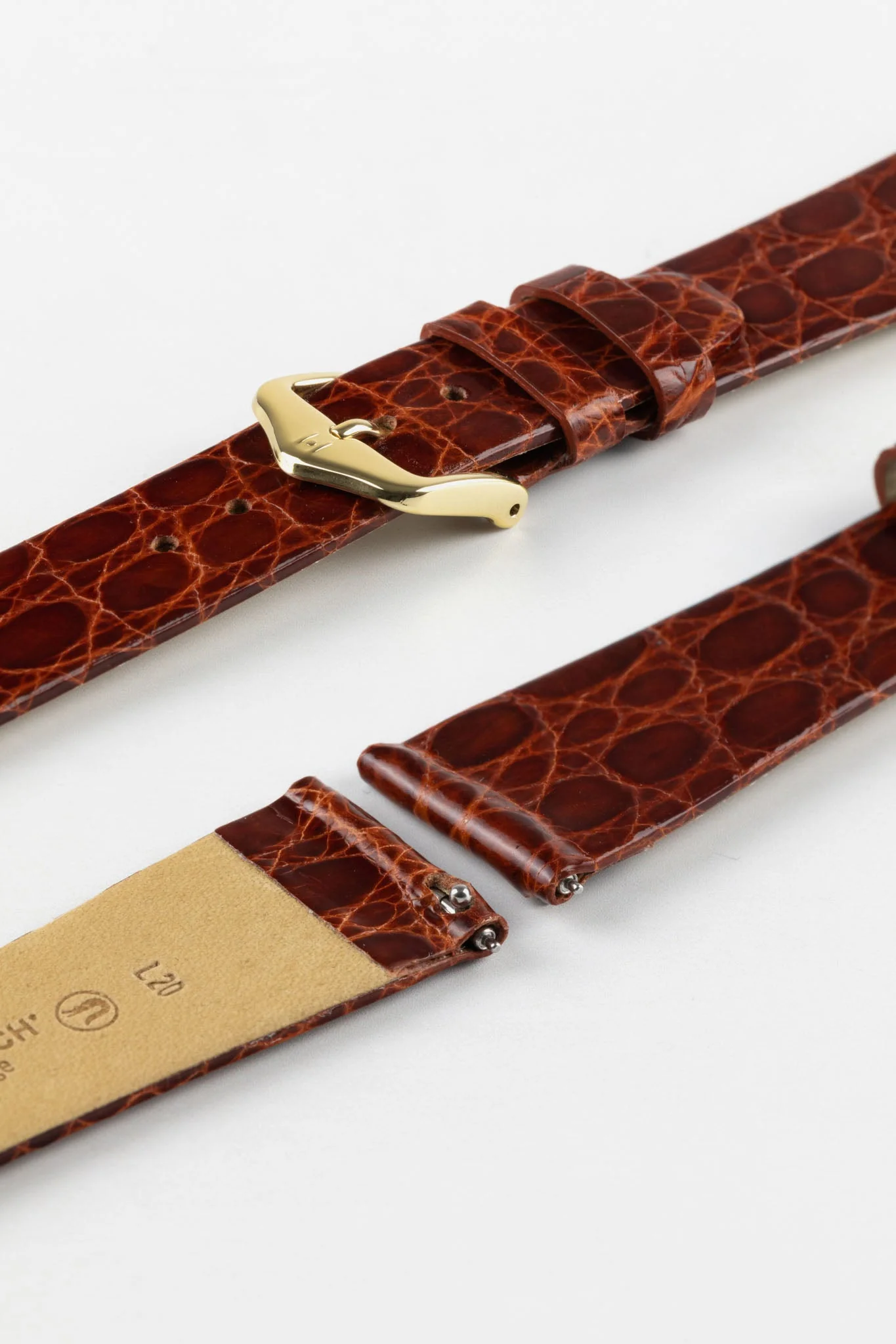 Hirsch PRESTIGE Shiny Genuine Crocodile Leather Watch Strap in GOLD BROWN - Image 8