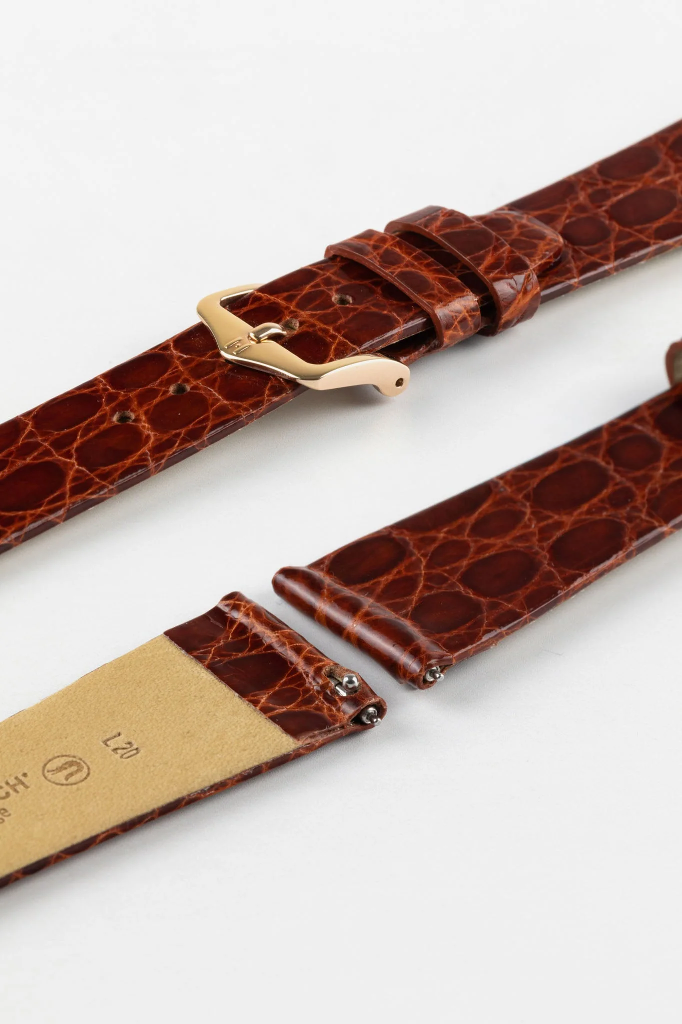 Hirsch PRESTIGE Shiny Genuine Crocodile Leather Watch Strap in GOLD BROWN - Image 9