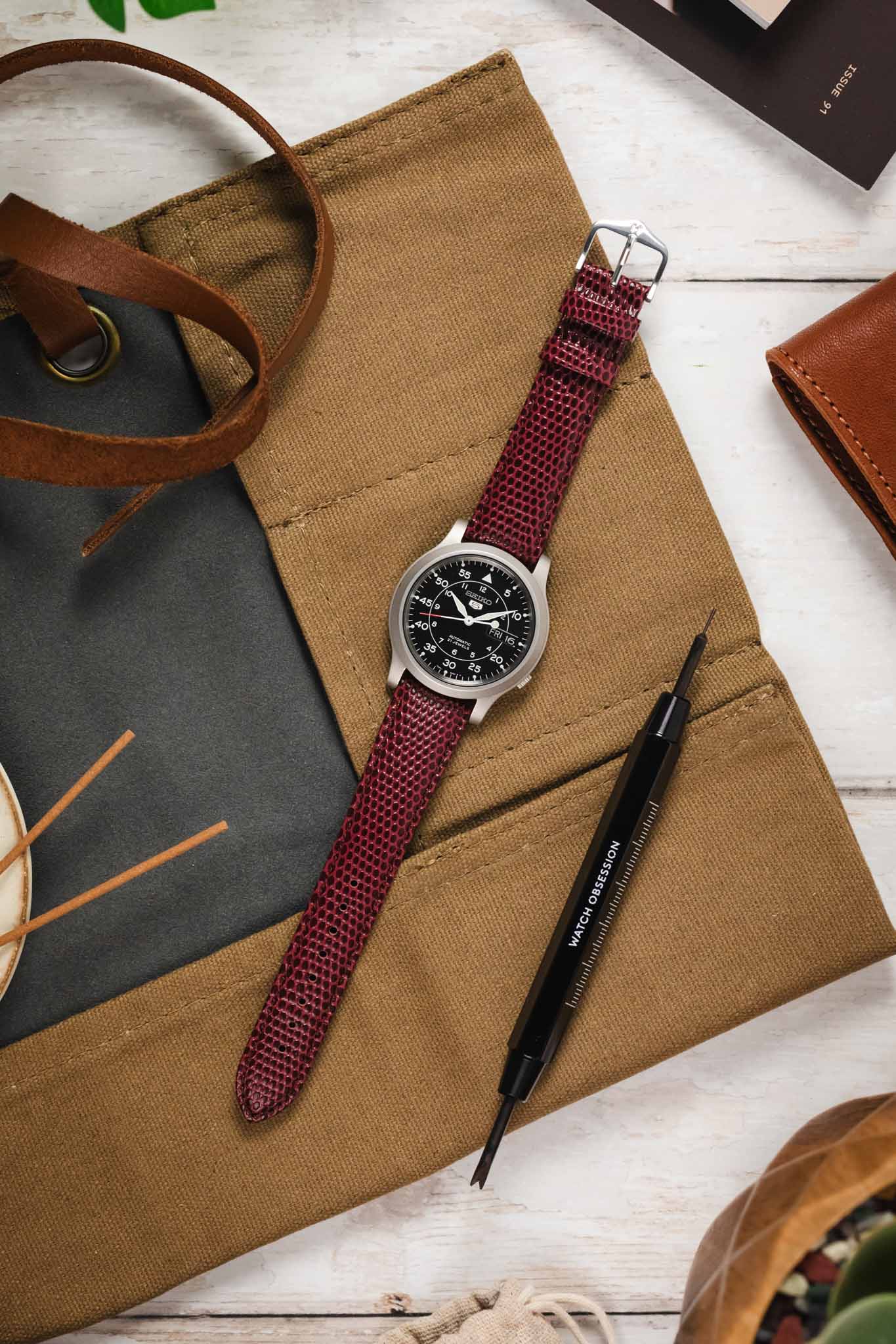 Hirsch RAINBOW Lizard Embossed Leather Watch Strap in BURGUNDY - Image 6