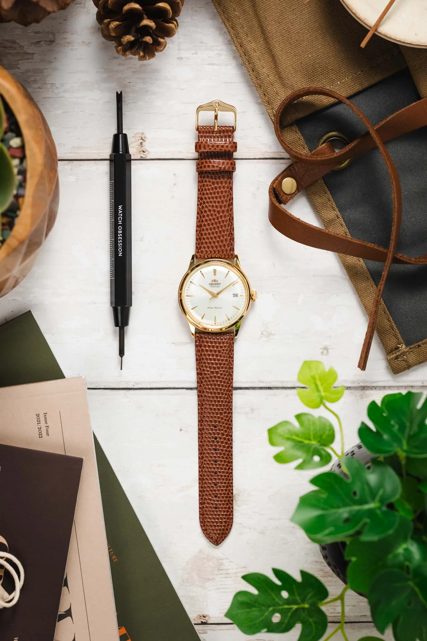 Hirsch RAINBOW Lizard Embossed Leather Watch Strap in GOLD BROWN - Image 6