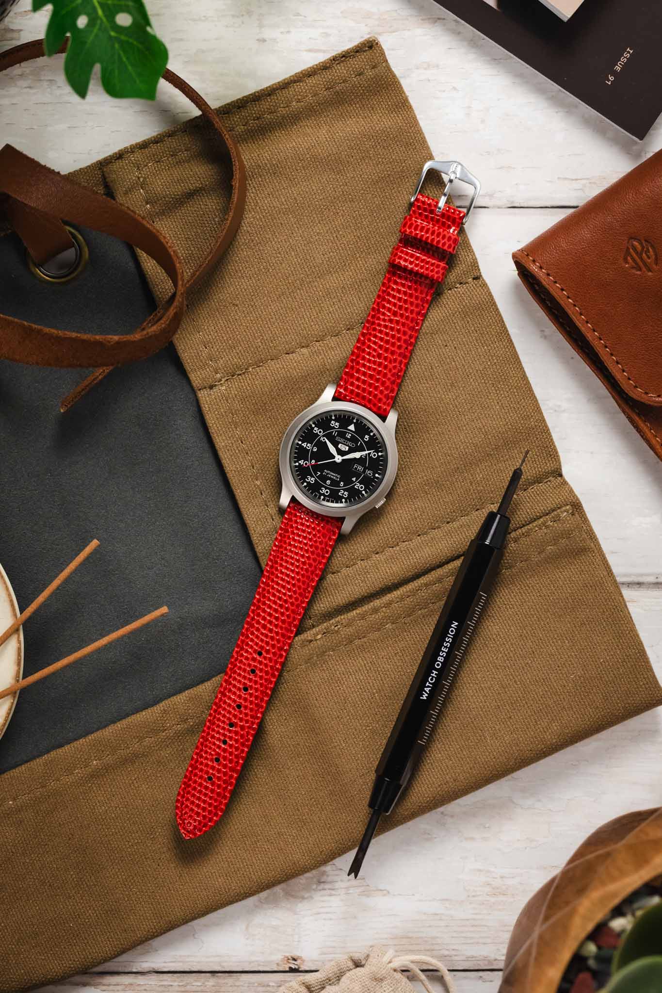 Hirsch RAINBOW Lizard Embossed Leather Watch Strap in RED - Image 6