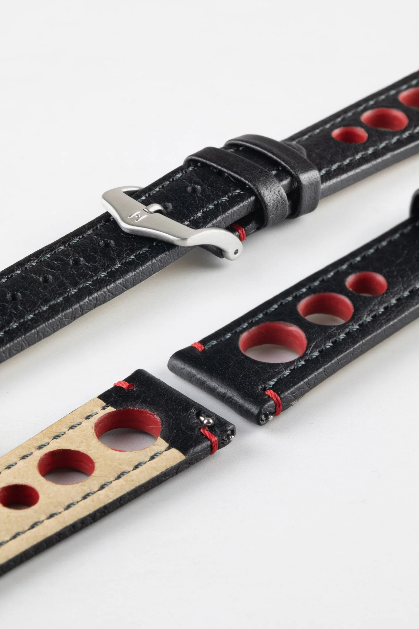 Hirsch RALLY Natural Leather Racing Watch Strap in BLACK & RED - Image 10