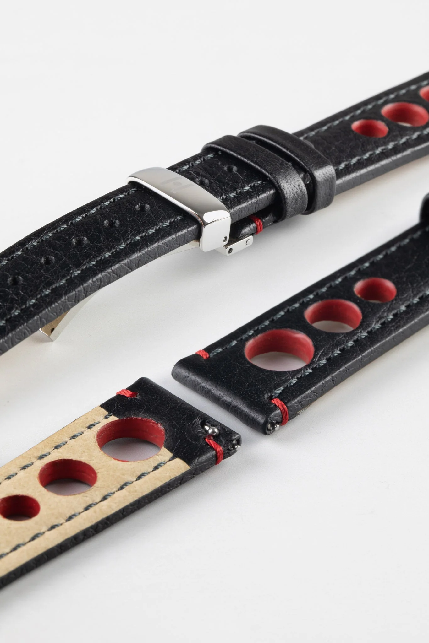Hirsch RALLY Natural Leather Racing Watch Strap in BLACK & RED - Image 11