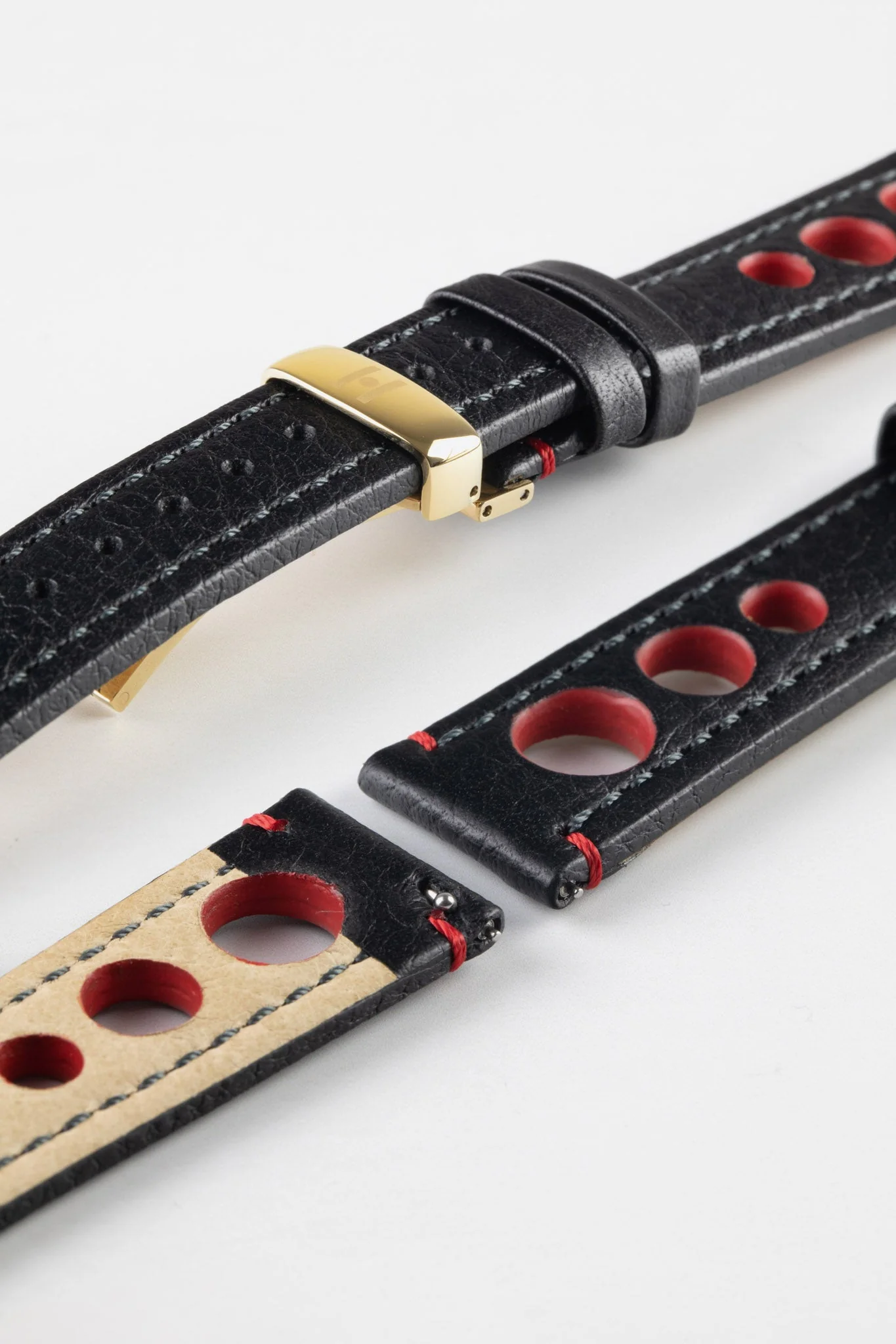Hirsch RALLY Natural Leather Racing Watch Strap in BLACK & RED - Image 12