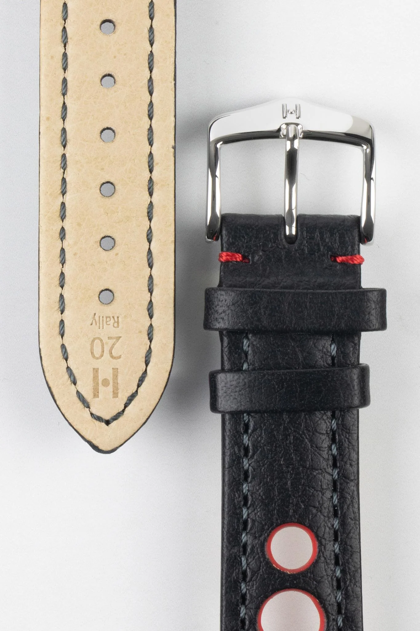 Hirsch RALLY Natural Leather Racing Watch Strap in BLACK & RED - Image 3