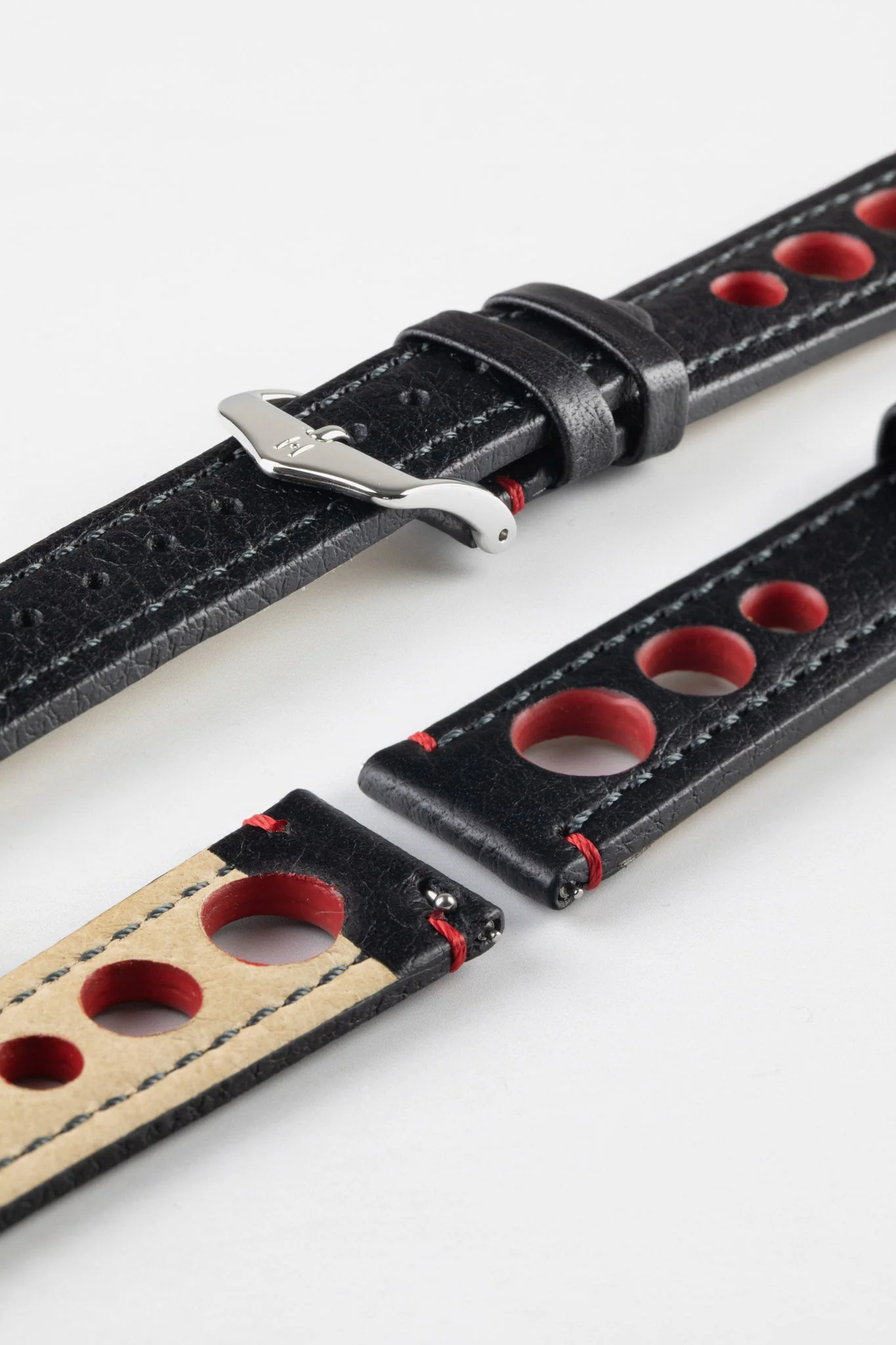 Hirsch RALLY Natural Leather Racing Watch Strap in BLACK & RED - Image 7