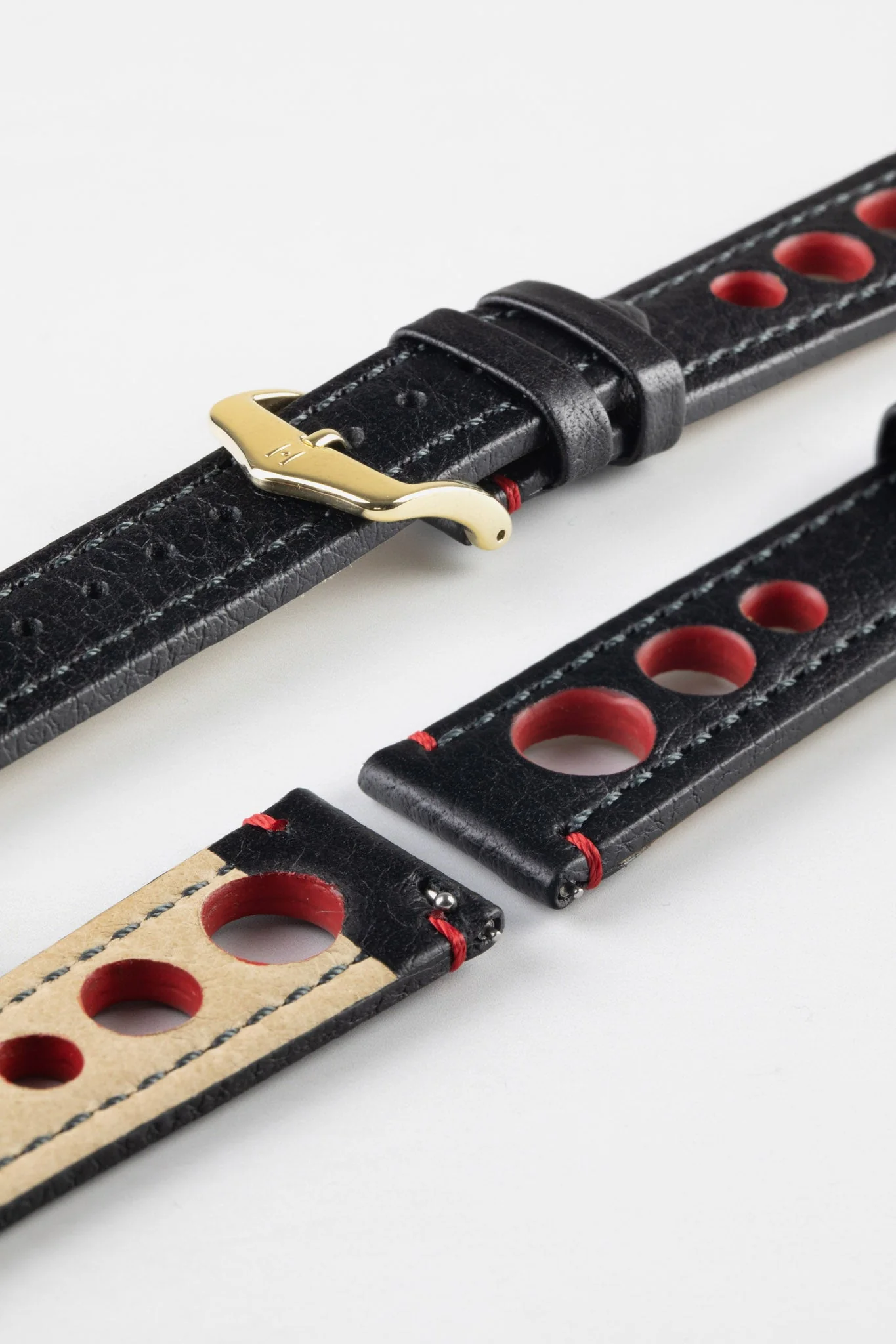 Hirsch RALLY Natural Leather Racing Watch Strap in BLACK & RED - Image 8